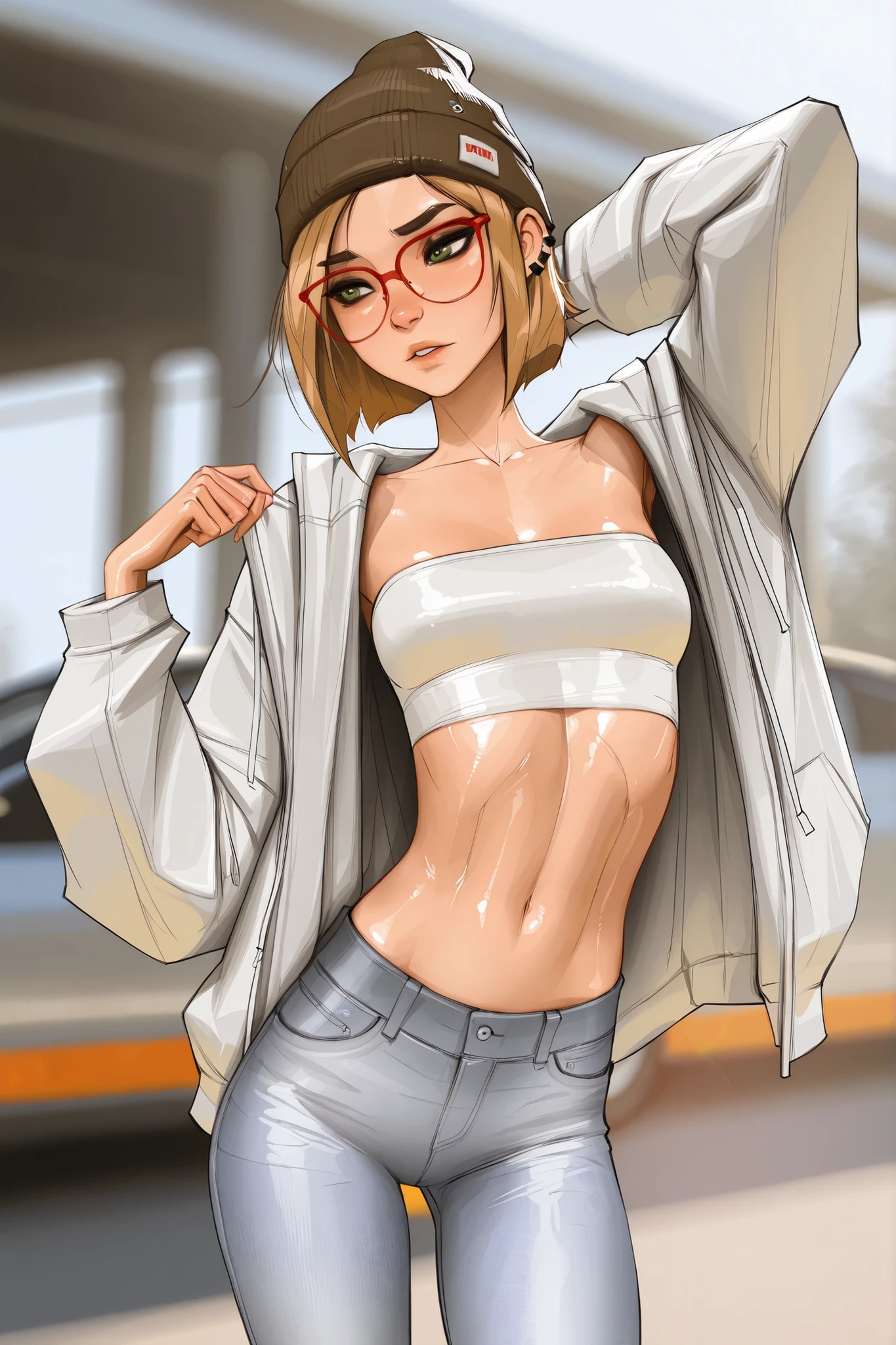 red rimmed glasses, short hair, green eyes, blonde hair, masterpiece, best quality, very aesthetic, movie quality, depth of field,soft saturation, focused subject, ,official style, shiny skin, 1girl, dark eyeliner, high top beanie, (darcy redd), shirow masamune,  sam yang style,  oily skin,  1girl, small ,  wavy brown hair, tube top, jeans, tall girl, long abdomen, ear piercings, big eyelashes,bellbottom jeans, open hoodie
