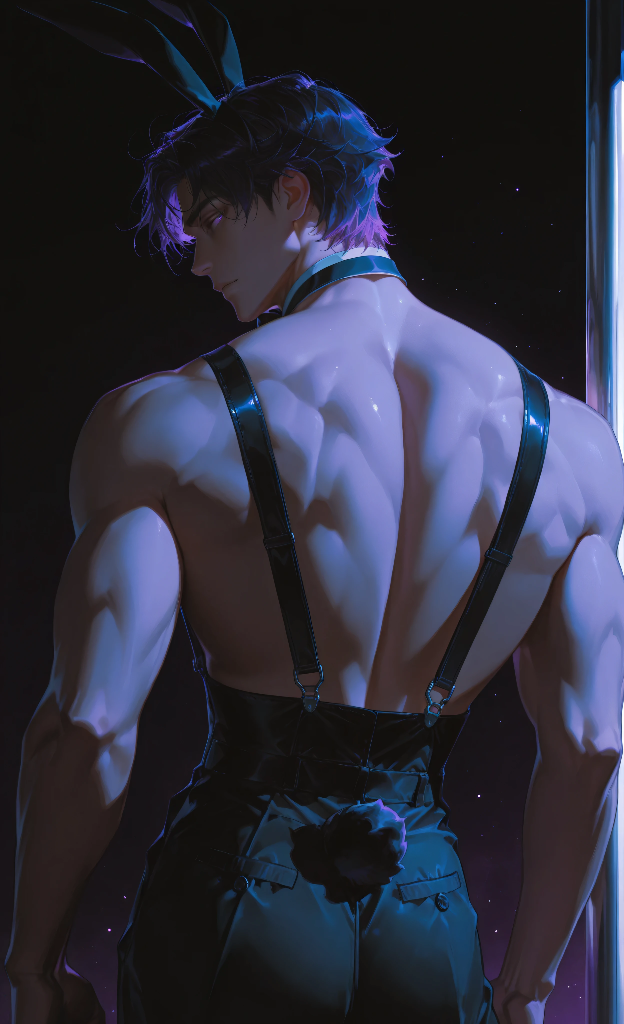 (dark background, digital art, dramatic shadows, bloom lighting, colored shadows, masterpiece:1.3, 8k:1.3, Highest quality:1.3, detail:1.3, high resolution:1.3, digital painting, super detail, 1male, A manly face, rough facial features, hip-high frame), cinematic lighting, A digital painting depicts the muscular back of a light-skinned man in his 20s. , a handsome male pole dancer performing a pole dance. He's shirtless, wearing classic black trousers, black suspenders, a black bow tie, and a black rabbit ears headband. His physique is well-defined with visible muscle definition, particularly in his back, shoulders, and arms. He is gripping a metallic pole with his right hand, while his left arm is bent. The man is seen from behind, with his head out of frame, facing away from the viewer. The setting appears to be a dimly lit space, possibly a club or performance venue, indicated by the dark background and scattered white particles. The lighting is dramatic, with a strong blue-purple hue highlighting the contours of the man's body, creating a sense of depth. The perspective is a close-up, emphasizing the man's form and the textured brushstrokes, giving the image an artistic, slightly stylized quality. The overall atmosphere is sensual and evocative.