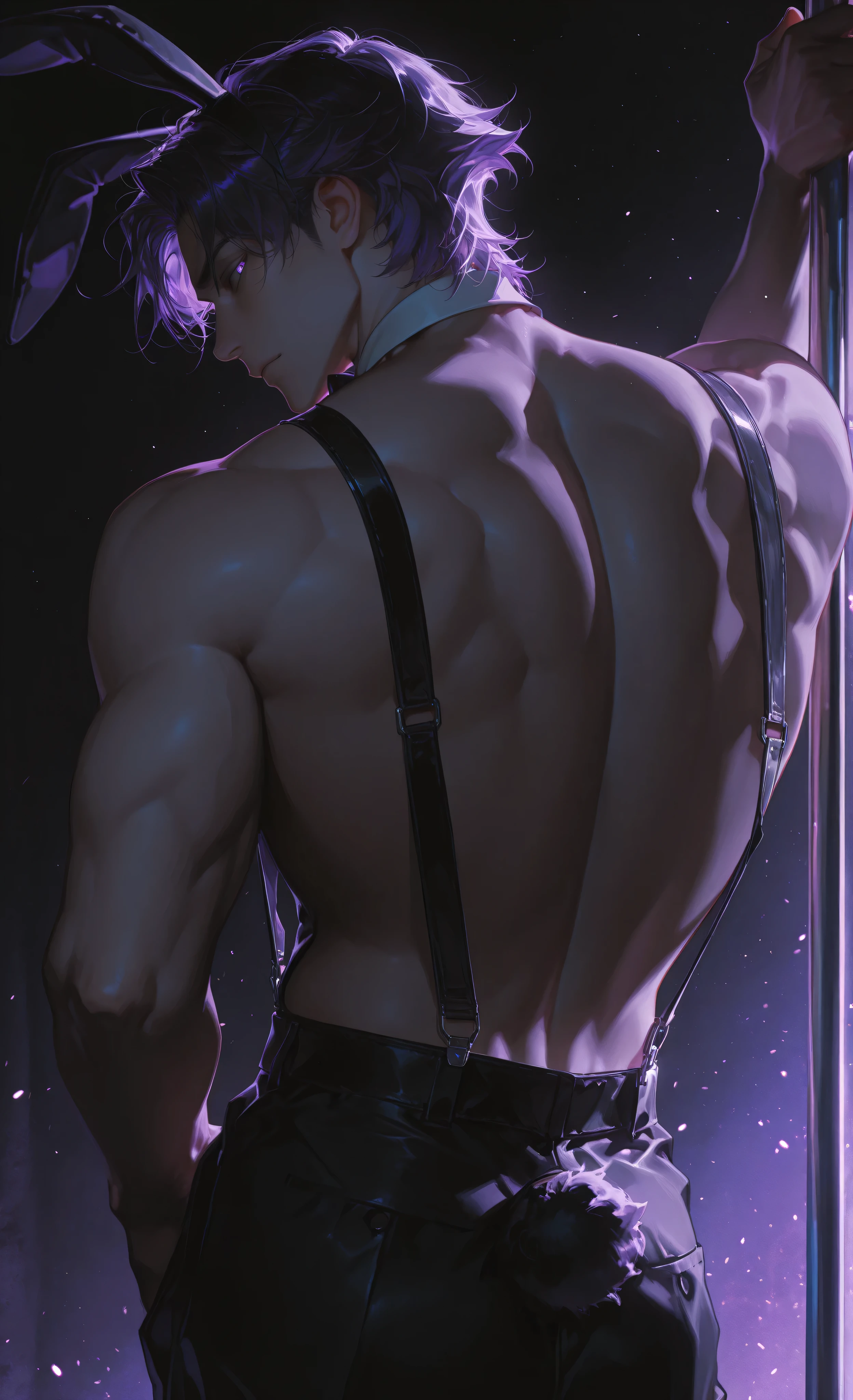 (dark background, digital art, dramatic shadows, bloom lighting, colored shadows, masterpiece:1.3, 8k:1.3, Highest quality:1.3, detail:1.3, high resolution:1.3, digital painting, super detail, 1male, A manly face, rough facial features, hip-high frame), cinematic lighting, A digital painting depicts the muscular back of a light-skinned man in his 20s. , Bunny boys bar , neon lights, lighting , real style ,a handsome male pole dancer performing a pole dance. He's shirtless, wearing classic black trousers, black suspenders, a black bow tie, and a black rabbit ears headband. His physique is well-defined with visible muscle definition, particularly in his back, shoulders, and arms. He is gripping a metallic pole with his right hand, while his left arm is bent. The man is seen from behind, with his head out of frame, facing away from the viewer. The setting appears to be a dimly lit space, possibly a club or performance venue, indicated by the dark background and scattered white particles. The lighting is dramatic, with a strong blue-purple hue highlighting the contours of the man's body, creating a sense of depth. The perspective is a close-up, emphasizing the man's form and the textured brushstrokes, giving the image an artistic, slightly stylized quality. The overall atmosphere is sensual and evocative. Intense spotlight shining behind him , smoky atmosphere