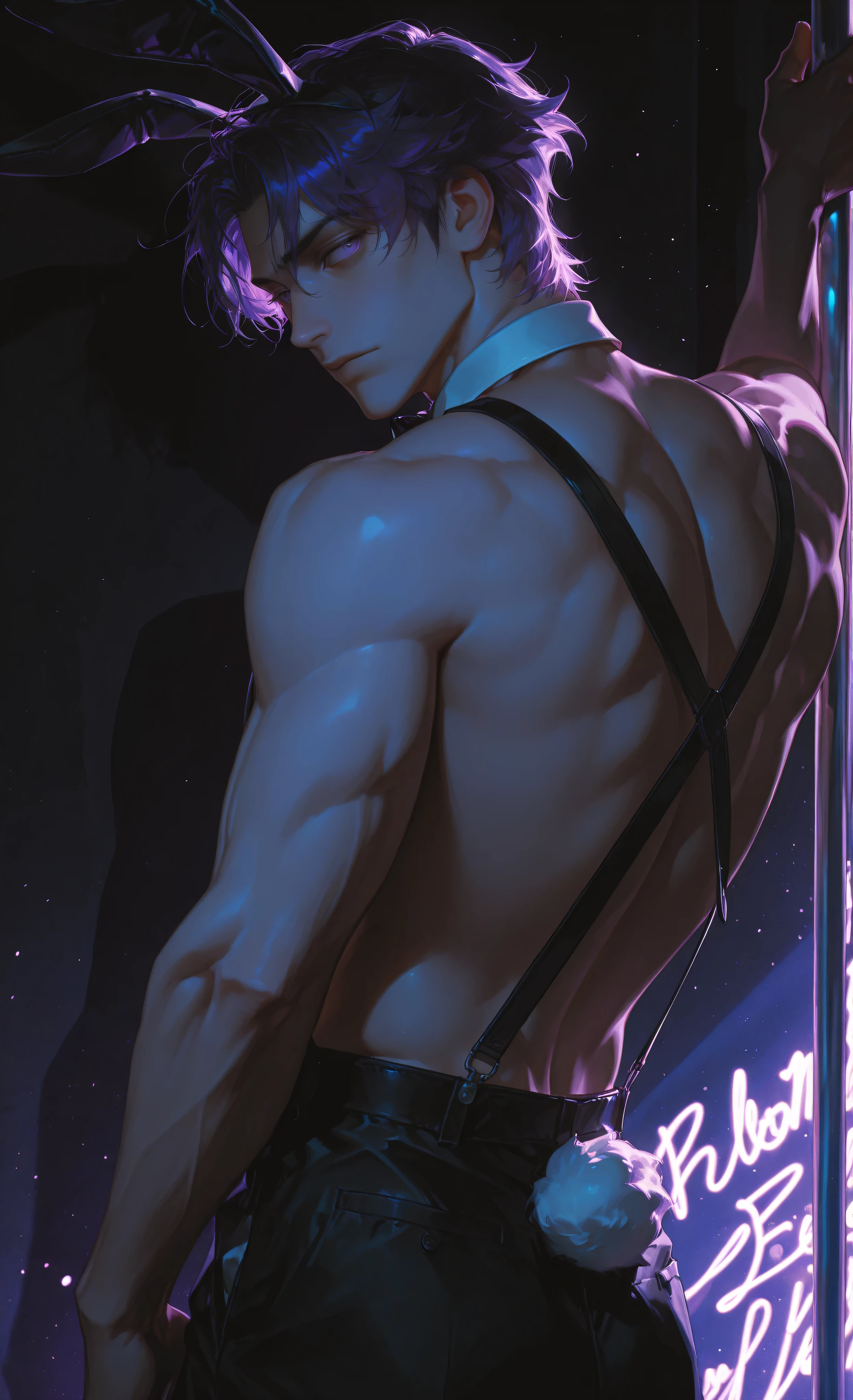 (dark background, digital art, dramatic shadows, bloom lighting, colored shadows, masterpiece:1.3, 8k:1.3, Highest quality:1.3, detail:1.3, high resolution:1.3, digital painting, super detail, 1male, A manly face, rough facial features, hip-high frame), cinematic lighting, A digital painting depicts the muscular back of a light-skinned man in his 20s. , Bunny boys bar , neon lights, lighting , real style ,a handsome male pole dancer performing a pole dance. He's shirtless, wearing classic black trousers, black suspenders, a black bow tie, and a black rabbit ears headband. His physique is well-defined with visible muscle definition, particularly in his back, shoulders, and arms. He is gripping a metallic pole with his right hand, while his left arm is bent. The man is seen from behind, with his head out of frame, facing away from the viewer. The setting appears to be a dimly lit space, possibly a club or performance venue, indicated by the dark background and scattered white particles. The lighting is dramatic, with a strong blue-purple hue highlighting the contours of the man's body, creating a sense of depth. The perspective is a close-up, emphasizing the man's form and the textured brushstrokes, giving the image an artistic, slightly stylized quality. The overall atmosphere is sensual and evocative. Intense spotlight shining behind him , smoky atmosphere