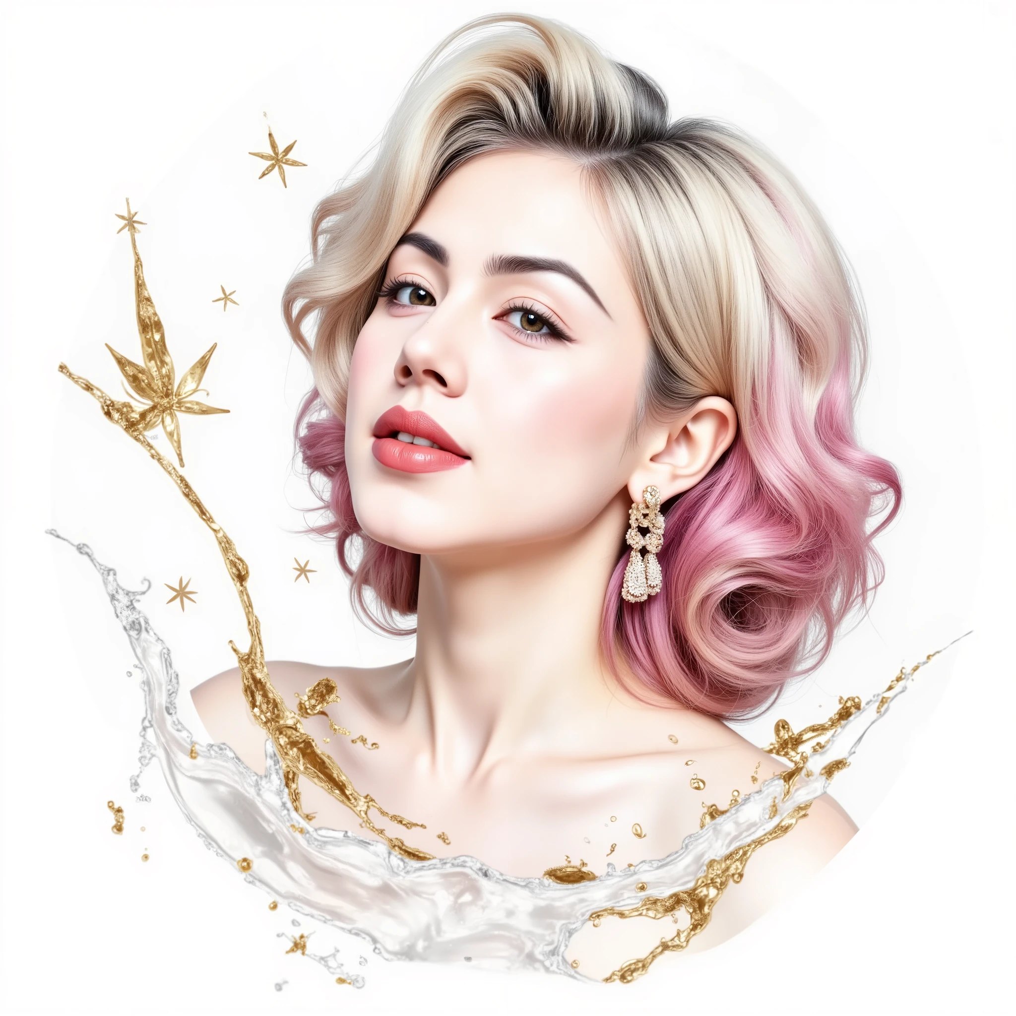 (White background:1.4),(marilyn monroe, head silhouette, Eyes closed, Long colored hair, Oriental elements),(Chinese illustration:1.3,Paper Art:1.3, キルティングPaper Art:1.2),( Streamlined Design, Clear lines, High sharpness,Better Quality, Very detailed, Master Parts, Film Light Effect, 4K ) Illustration design, porcelain doll skin, beautiful detailed eyes, beautiful detailed lips, extremely detailed gold eyes and face, long eyelashes, upper body, from side, looking at viewer, (fractal art:1.3), (pink hair:1.2), water, liquid, cloud, colorful, starry, stars, (best quality, 4k, 8k, highres, masterpiece:1.2), ultra-detailed, (realistic, photorealistic, photo-realistic:1.37), vibrant colors, studio lighting, extremely detailed description, professional, concept art, surreal, 1920s french vibe, monochromatic gold and pink palette, in the style of french illustrator moebius, gold elements,