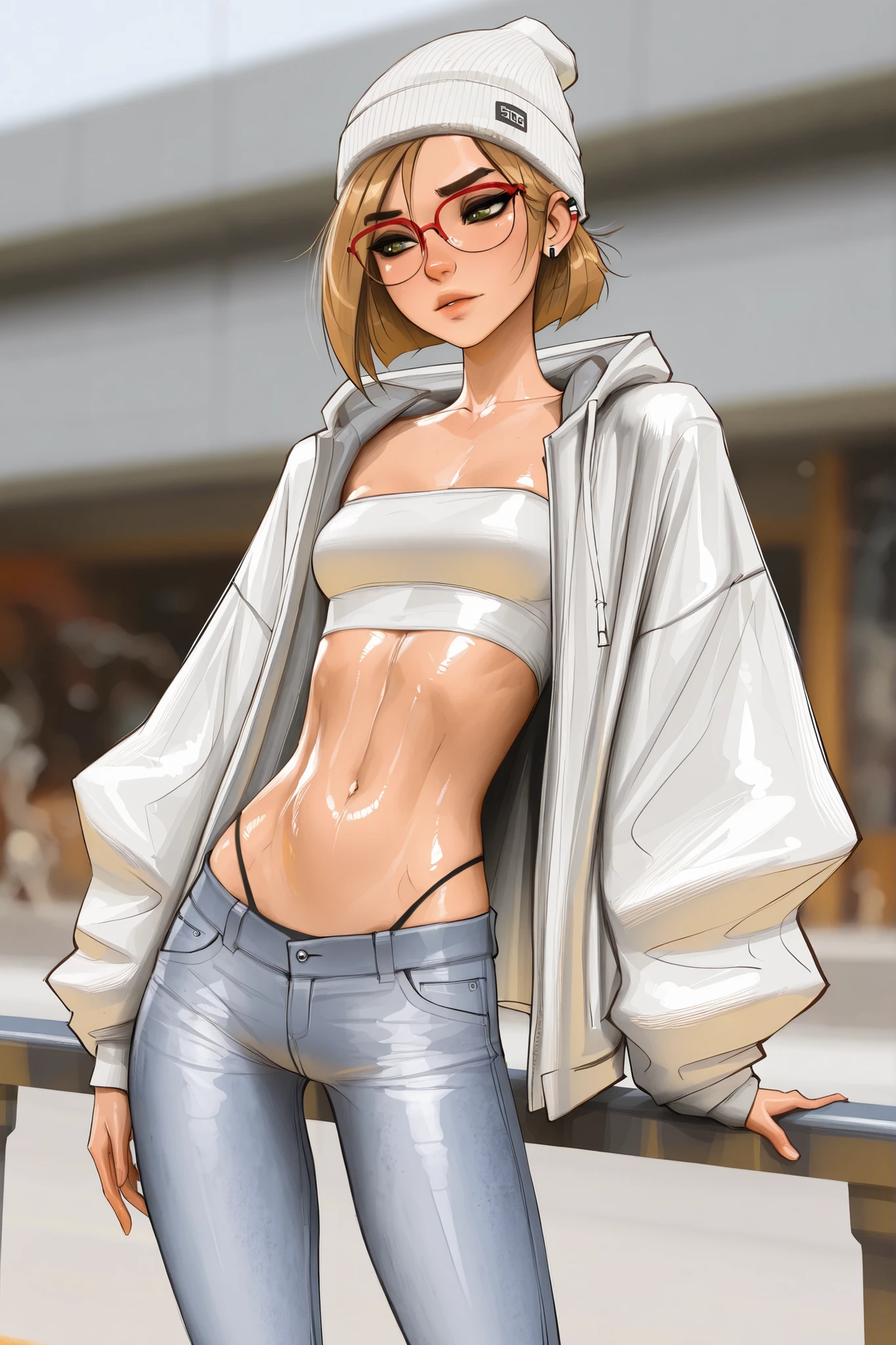 red rimmed glasses, short hair, green eyes, blonde hair, masterpiece, best quality, very aesthetic, movie quality, depth of field,soft saturation, focused subject, ,official style, shiny skin, 1girl, dark eyeliner, high top beanie, (darcy redd), shirow masamune,  sam yang style,  oily skin,  1girl, small ,  wavy brown hair, tube top, jeans, tall girl, long abdomen, ear piercings, big eyelashes,bellbottom jeans, open hoodie,  straps