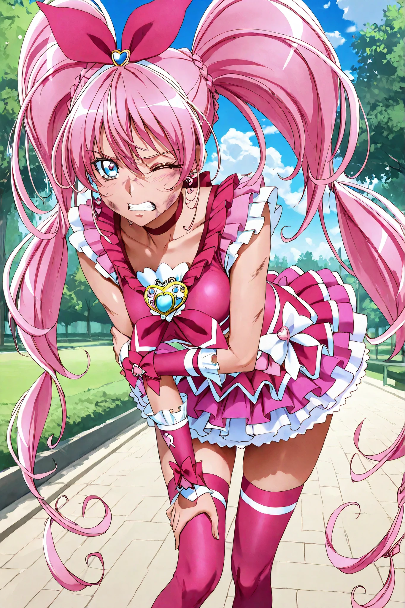 masterpiece,Highest Quality,source_anime,1girl, solo, ((cure melody)),white skin,blue eyes,Extremely cool ,full of personality,lean forward,Holding Your Own Arms,Parks,Blue Sky,cloud,Staring at the Audience,one eye closed,clenched my teeth, Face Bruise ,I'm tormented by a sense of defeat,