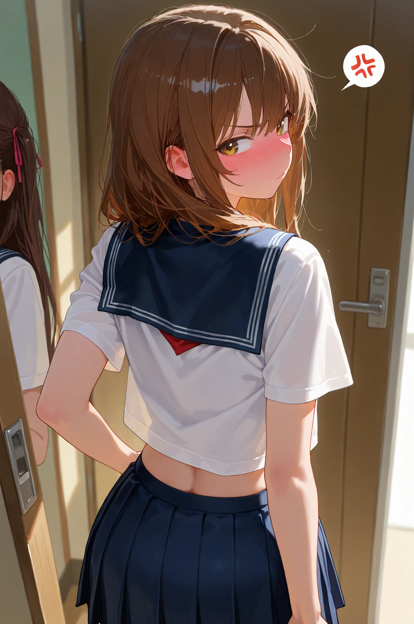 1girl, Onozuka Komachi, touhou, (large ), (beautiful ), back view, Highest quality, Super detailed, masterpiece, Ultra-high resolution, 8K, High Contrast, , (Sailor uniform,  skirt), (light blue striped  , Sticky , ), ( back, crop back), , black stockings, (Thighs), (waist line), Shower room, (from above)