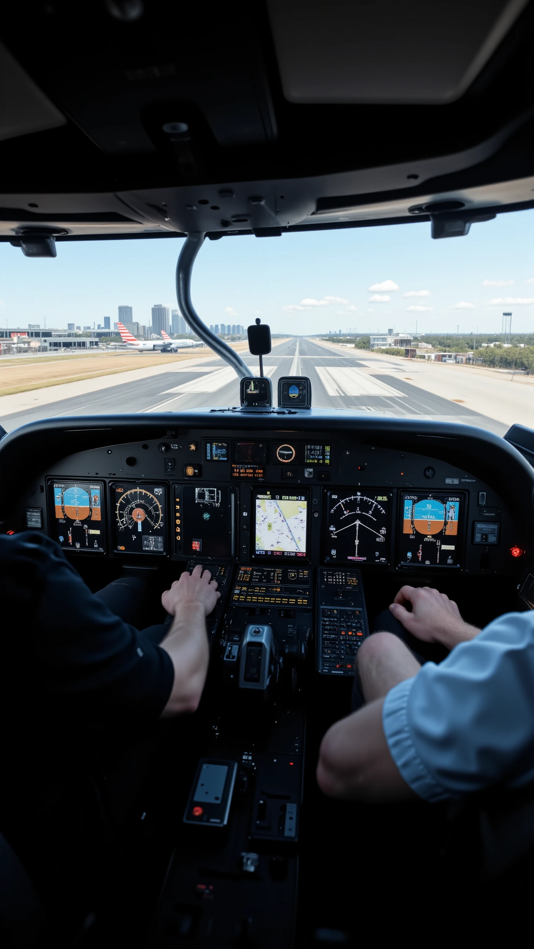 high-definition images、Inside the cockpit of a jet ready to land at Dallas-Fort Worth International Airport、expansive scenery
