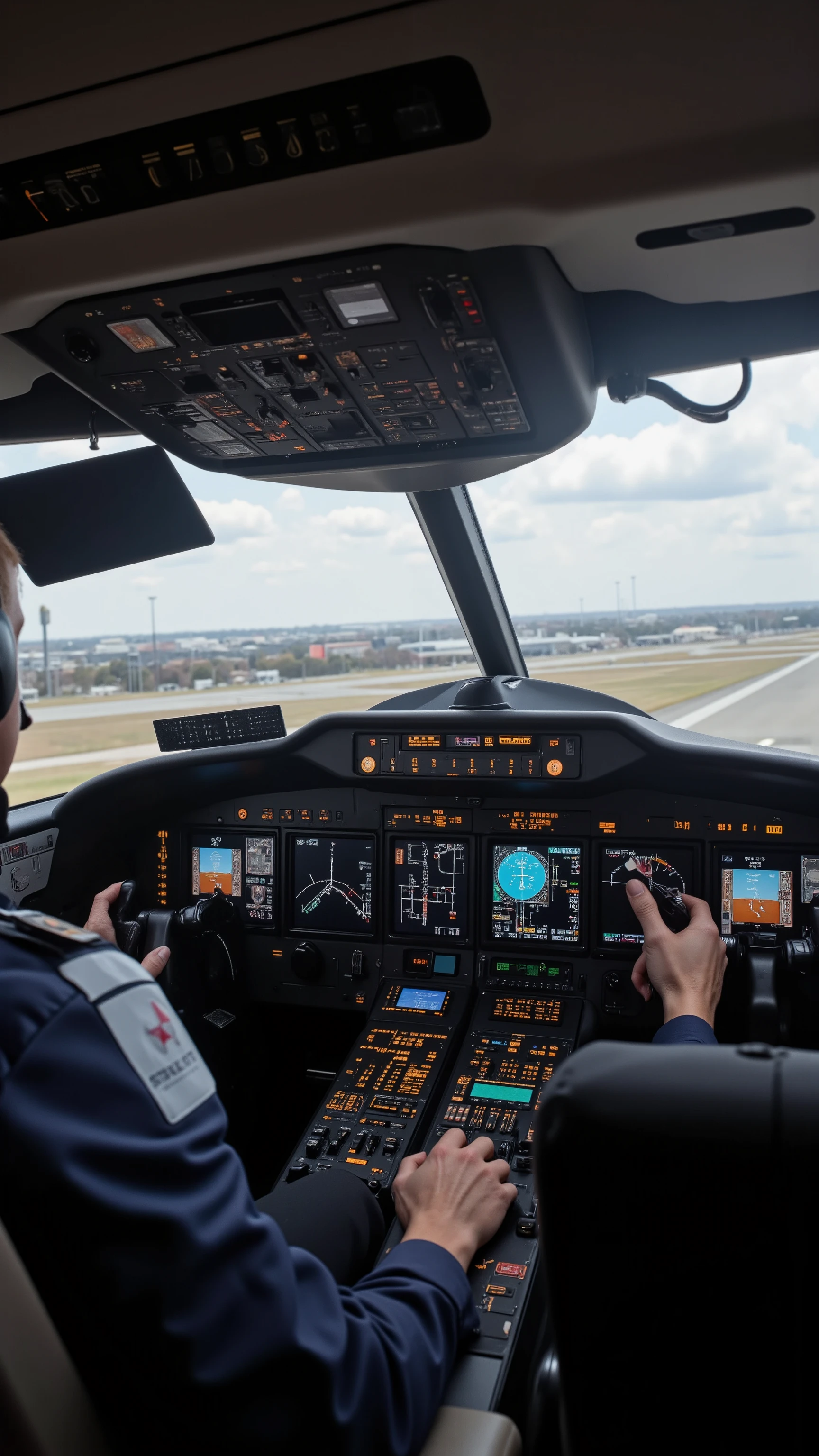 high-definition images、Inside the cockpit of a jet ready to land at Dallas-Fort Worth International Airport、expansive scenery