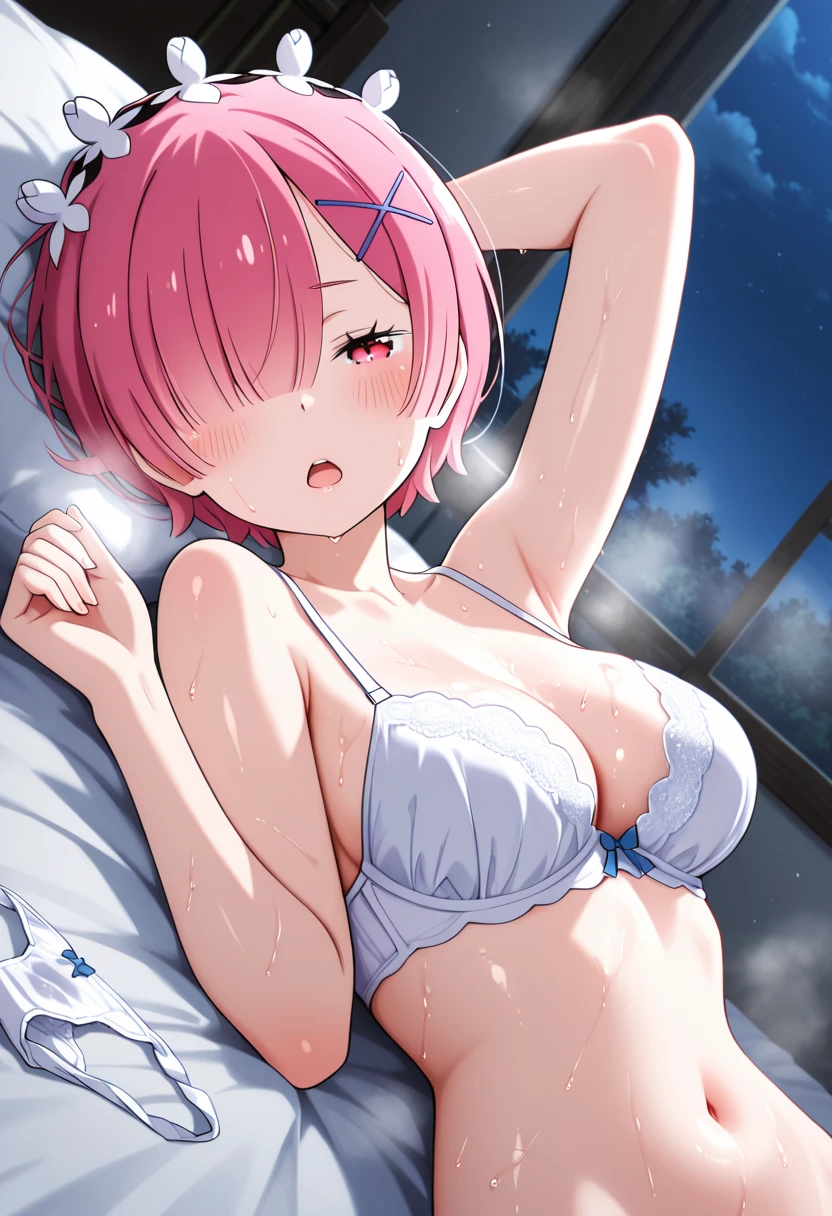 score_9, score_8_up, score_8_up, 1girl, straddling, , , detailed background, night, mountaintop, medieval, open mouth, collarbone, , (  of bra), ((two-tone bra, floral print bra,  aside, sheer pink babydoll)),cleavage, ganyu \(genshin impact\), panties aside, (), pubic hair, from below, heart emote, , (stars littering the sky, constellations), solo focus, strapless