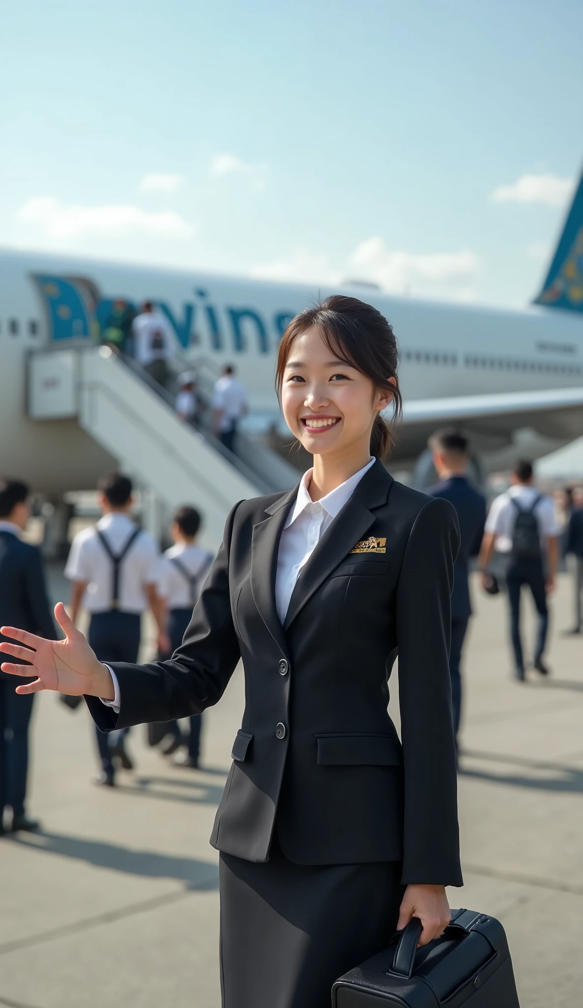 high-definition images、Girl greeting、airliner ramp after boarding procedures at the airport