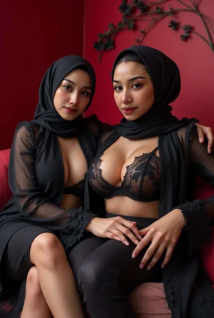 , , , two MAPAY women in lingerie posing for a picture in a room, oppai, posing together in bra, MIRA FILZAH and IMAN TAYORE, red bra, all red, oppai proportions,  :8, 4k], 4 k ], !, bottom angle, !!, Malay beauties, biomechanical oppai, fujita goro and jones, thicc, wearing hijab, hijab star, hijab gorgeous, hijab super model, Malaysian girls group,malay, The whole body consists of a young girl with hijab, Eye makeup, 21yo, Cat ears, Soft lighting, group, Wear shabby clothes, , Tattered futuristic , Cat's paw badge, Pose, spot color, rendering by octane, Ultra-realistic intricate details, Cinematic, 8K resolution, 70mm, emphasis lighting, Global illumination, Full body portrait, clean detailed faces, Complex clothing, Cute face,  (((wearing a  belt design by LV))) Surreal full-body figure, Beautiful and delicate body and face, gorgeous figure, ssmile, Titillating，Surreal full-body figure，Beautiful and detailed body and face, Super vista, White skin of the, vivd colour,🔥8k, masterpiece, RAW photo, best quality, (18k detail:1.2), photorealistic, extremely, deep shadow, earrings, bracelets, necklace,