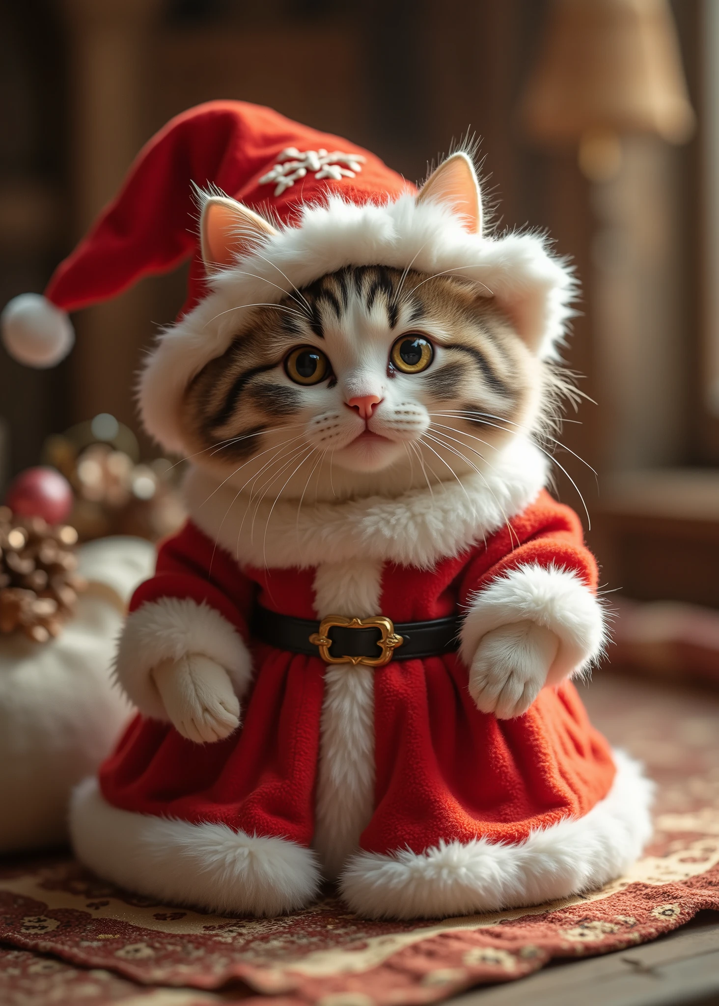 cute Japanese cat、 Fairyland 、 Santa Claus witch cosplay 、Santa Claus Hat、cute cat wearing a Santa Claus dress、sexually attractive、in an old medieval house、big white bag full of presents、3D,high image quality、Realistic、Cinematic Lighting、fun atmosphere、high image quality、detail