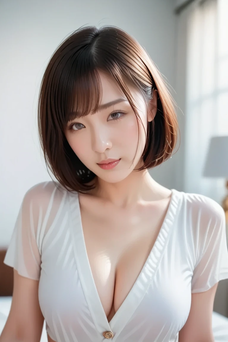 Tabletop, highest quality, Photorealistic, finely, High resolution, 8k wallpaper, Perfect dynamic composition, Beautiful and beautiful eyes, Medium Hair, Big and ample ???????, Random ???? poses,????? to ?????、(Open ????? Mock Neck Crop Tank Top Clear Crabbe)、(?????? Swelling 1.2)、Laughter、Open your mouth、Age 25、(Droopy Eyes 1.4)、Adult Beauty、Japanese