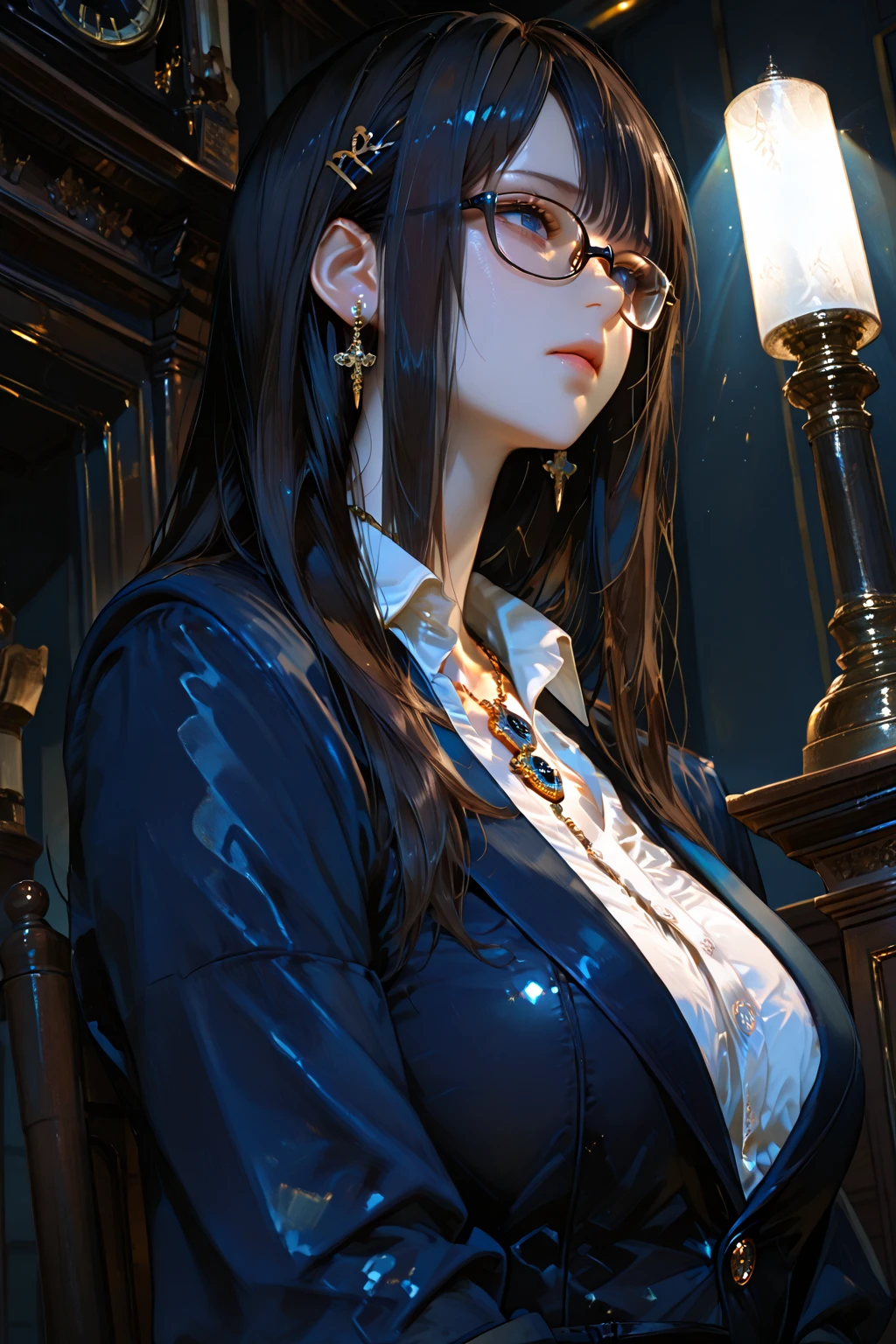 1 girl, (white skin:1.2), shy, cute, cold expression, (8k, RAW photo, best quality, masterpiece:1.2), (realistic, photorealistic:1.2) (ultra-detailed, Super detailed:1.2), vivid colors, studio lighting, portrait, blue coloured eyes, blank eyes, Night clouds background, Aesthetic, romantic, Luna, Vampire, wearing goth collar, black hair, unbuttoned white shirt revealing her ?????, scars on ????? , glasses