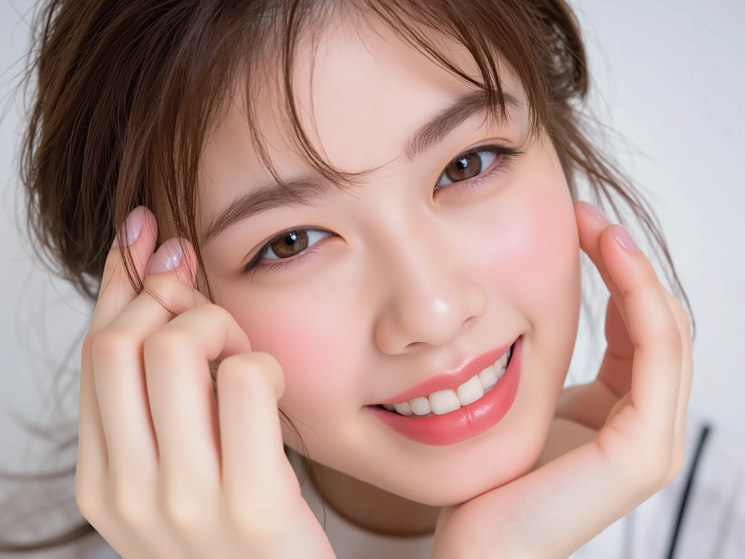 (Refined from an old photo, recreated in a modern, ultra high-quality photorealistic style, with a trendy Reiwa-era hairstyle: soft semi-long hair with natural waves and airy see-through bangs),
Ultra photorealistic close-up portrait of a beautiful Japanese woman,
upper-body shot, wearing a black outfit (completely out of frame, not visible),
shoulders and collarbone softly exposed,
both hands pressing her cheeks in a shy, lovestruck pose,
sparkling eyes gazing dreamily at the viewer with overwhelming affection,
cheeks blushing deeply with a sweet reddish glow,
soft glossy lips curved into a bright, full, lovestruck smile,
expression melting with love, playful, dreamy, adorably bashful,
purely cute and lovestruck, overflowing with affection and warmth,
realistic skin with detailed pores, subtle freckles, natural uneven tones,
tiny imperfections for realism, soft peach fuzz visible,
hair rendered with individual strands, slightly messy flow, natural matte shine,
soft diffused cinematic lighting, natural depth,
background pure white with gentle blur,
(masterpiece, best quality, high resolution, intimate romantic close-up, cinematic magazine cover style)