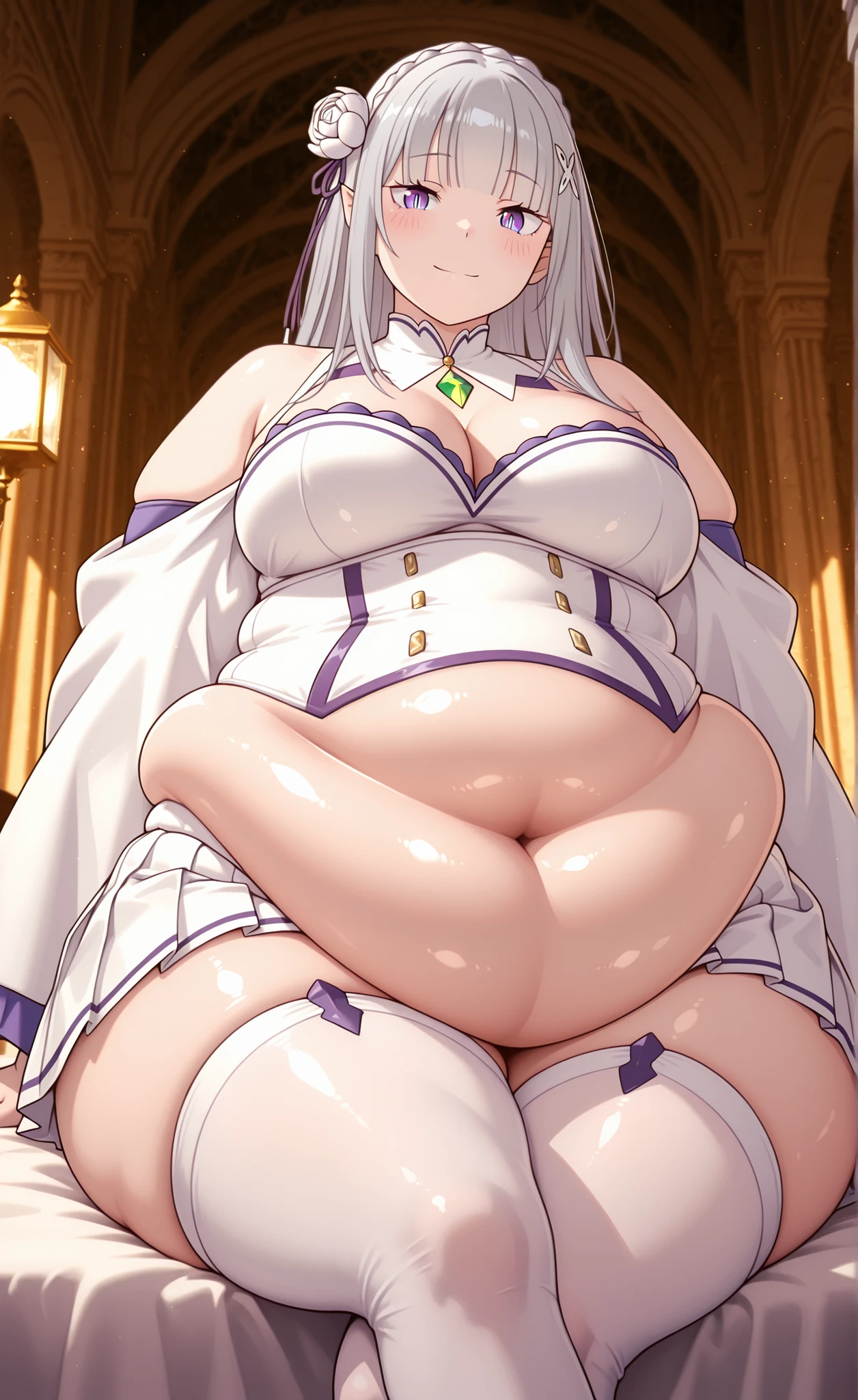 bloated belly,plump,hyper fat,hyper obese,WeightImmobile,masterpiece, best quality, very aesthetic, scenery, volumetric lighting), absurdres, ray tracing, indoors, outdoors, 1girl, light smile, blush, crown braid, blunt bangs, long hair, grey hair, purple eyes, slit pupils, blue pupils, pointy ears, x hair ornament, hair flower, white rose, white collar, green gemstone, bare shoulders, cleavage, medium breasts, white dress, corset, long sleeves, wide sleeves, miniskirt, pleated skirt, white skirt, white thighhighs, sitting, arm support, on bed, crossed legs, thighs focus, big thighs, thicc thighs, looking at viewer, glistening skin, shiny dress, HDR, intricated detailds, from below, perfect body, erotic thighs, detailed eyes,detailed fingers,detailed face, provocative smile, kness up, bare feets, anime style
