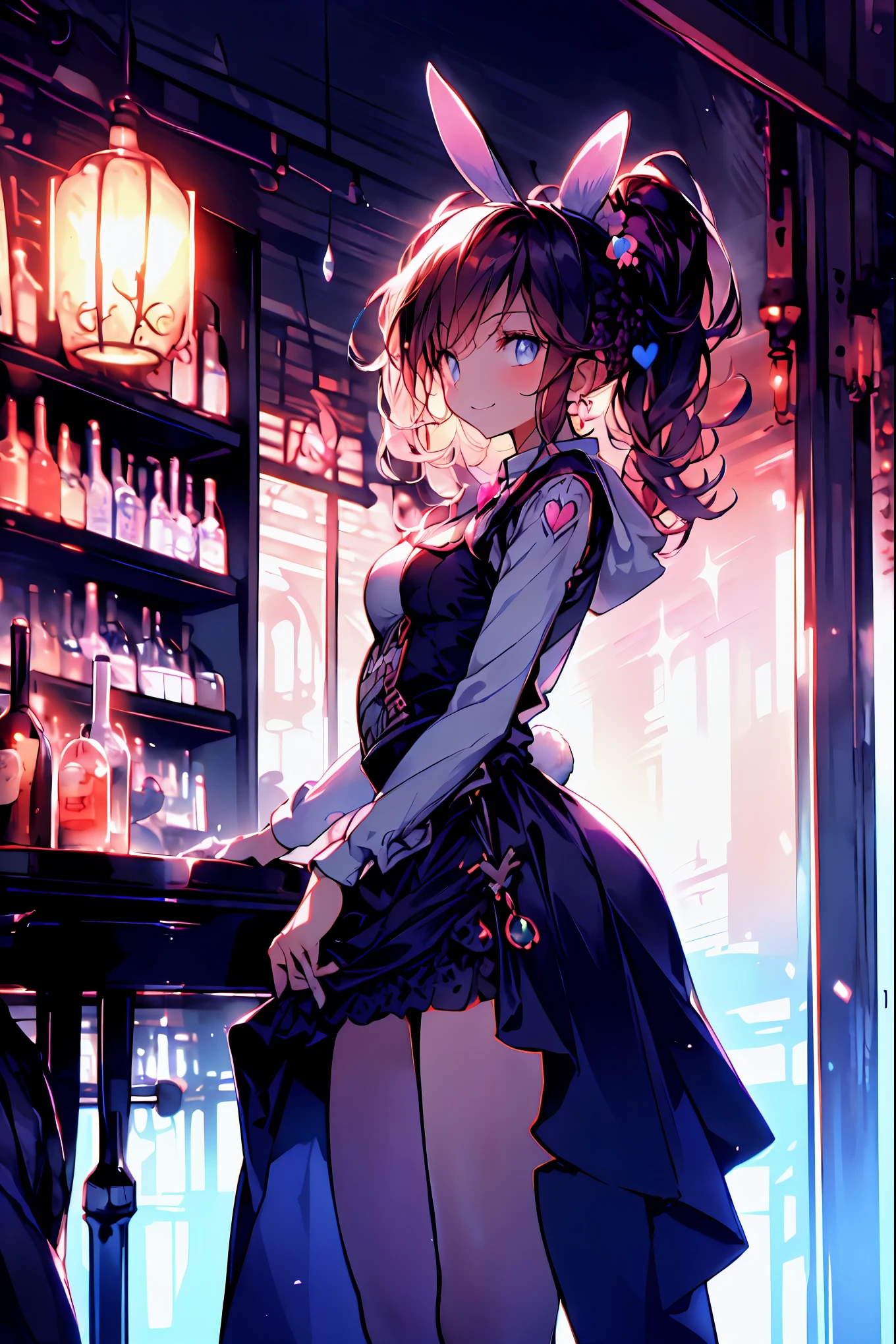 Bunny ears、Bunny Girl in the Tavern,Under the Shiny Neon Lights,Bunny Girls Listen to the Hearts of Customers,Selling Escapist for a Moment,active,Attractive Poses,Rich Proportions,plump curves,beautiful face,Glossy Hair,Glittering Costumes,meteor、空から降り注ぐmeteor、無数のmeteor群、Tokyo Disneyland,Tokyo Disneylandの活気に満ちた魔法のような雰囲気の中を歩く, casual clothes、cute clothes、Cinderella Castle can be seen in the background, warm sunshine、The vibrant and cheerful atmosphere of Disneyland,Families and couples pass by,brown hair,shortcut,unkempt hair,Short braided hair,Neat,slender beauty,correct posture,small breasted,Beautiful legs,Enchanting Gray-Blue Eyes Shine Like Stars,Saggy Eyes,Brilliant Colors,beautiful eyes,A delicate smile,Textured Skin,Best quality at its best,gentle and beautiful woman,anime style、Bewitching Expression,Bold action,Night Atmosphere,Realistic CG Art,dramatic lighting,Dense Gradation,Striking colours,High Quality,8K,Photorealistic,Realistic,Professional skills,Refined Textures,Brilliant Colors彩,bokeh,Dark and Enchanting