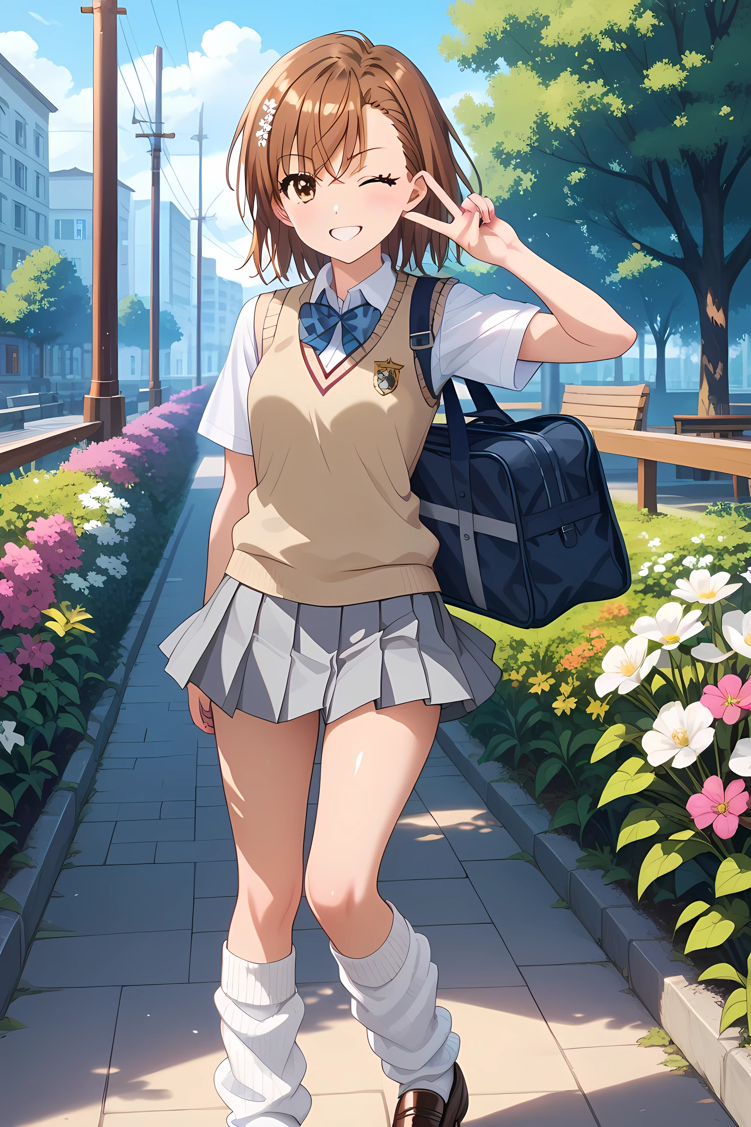 (masterpiece),(best quality),high score,highres,incredibly absurdres,anime screencap,pastel colors,anime,shiny skin,,
Balanced upper and lower body structure,
misaka mikoto,Railgun of a Certain Science,tokiwadai school uniform,
incredibly detailed beautiful brown hair,Side-swept bangs,short hari,hair ornament,hair flower,white flower,Asymmetrical bangs,
incredibly detailed beautiful bright brown eyes,incredibly detailed beautiful Pupil,Eyebrows visible through hair,eyelashes,
incredibly detailed beautiful navel,incredibly detailed beautiful thighhighs,incredibly detailed beautiful armpit,
white collared shirt,short sleeves,v neck vest,sweater vest,
gray skirt,mini skirt,pleated skirt,
Beige shorts under skirt,school bag,white socks,loose socks,brown loafers,
(1girl,solo,fullbody)
She closes one eye and gives her best wink.,incredibly detailed beautiful big smile.,Sideways peace sign at the side of the face.incredibly detailed beautiful armpit,