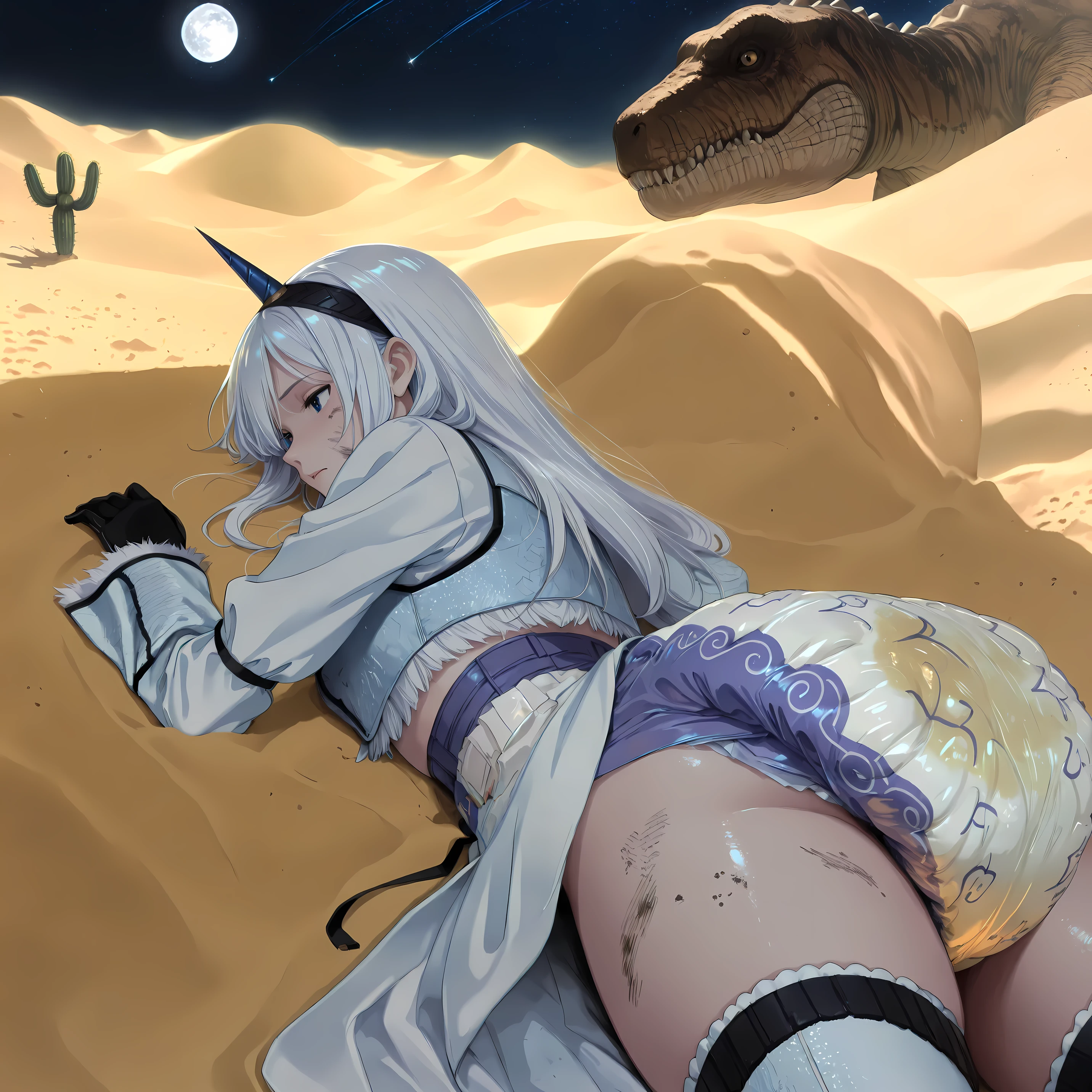 (side view:1.3), (closed-up:1.4, cowboy shot:1.1, from below:1.1), outdoors, at night, (desert, sand dust:1.3, sand storm:1.2), anatomically correct, (4 fingers, (1 thumb)), 1 girl, the girl is hiding from the dinosaur, (turning the body to the right), looking down, unconscious, eyes open, closed mouth, (dirty skin, dirty feet), (sweat slash:0.6), (blush:0.6), (Tilting the head forward:1.2), (twisted torso), (lying on the sand, on stomach), (hands on the ground, Spread hand), (Opening the hip joint:1.1), (Kirin R armor, the girl white single horn hairband, white sleeves, long sleeves:1.2, white thighhighs, white skirt, long skirt, side slit:0.8, covered butt:1.2, white thigh boots), (wearing high-waist thick diape under the skirt:1.3, high-waist puffy diaper under the skirt:1.3), anime screencap, anime coloring, (a large rock behind the girl:1.2), (dinosaur behind the rock, in the distance, tyrannosaurus rex), (cactus, in the distance), (starry sky), a shooting star, the girl with thick thighs, the girl with huge butt, cushies, (spotlight, moon light, low light, shade, high contrast, deep shadows), (masterpiece, detailed:1.2, vibrant, very aesthetic, amazing quality),