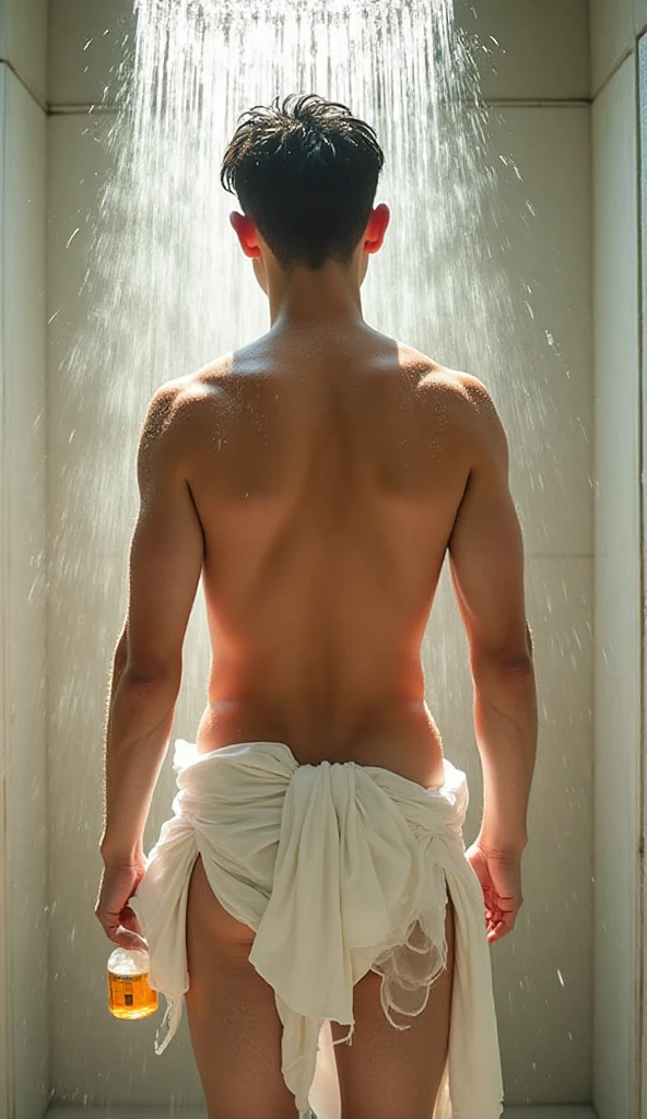 Help me draw a man in the shower wearing only his panties。