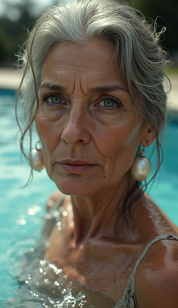 ((Realistic lighting, Best quality, 8K, Masterpiece: 1.3)), ((flat chest)), camisole, Clear focus: 1.2, Photo of a mature European woman, 50 years in all, A , Perfect Figure: 1.4, ((Dark brown hair)), ((the low braided hair)), (bikini : 1.4), swimming pool, Super fine face, Fine eyes, Double eyelids, (full body)