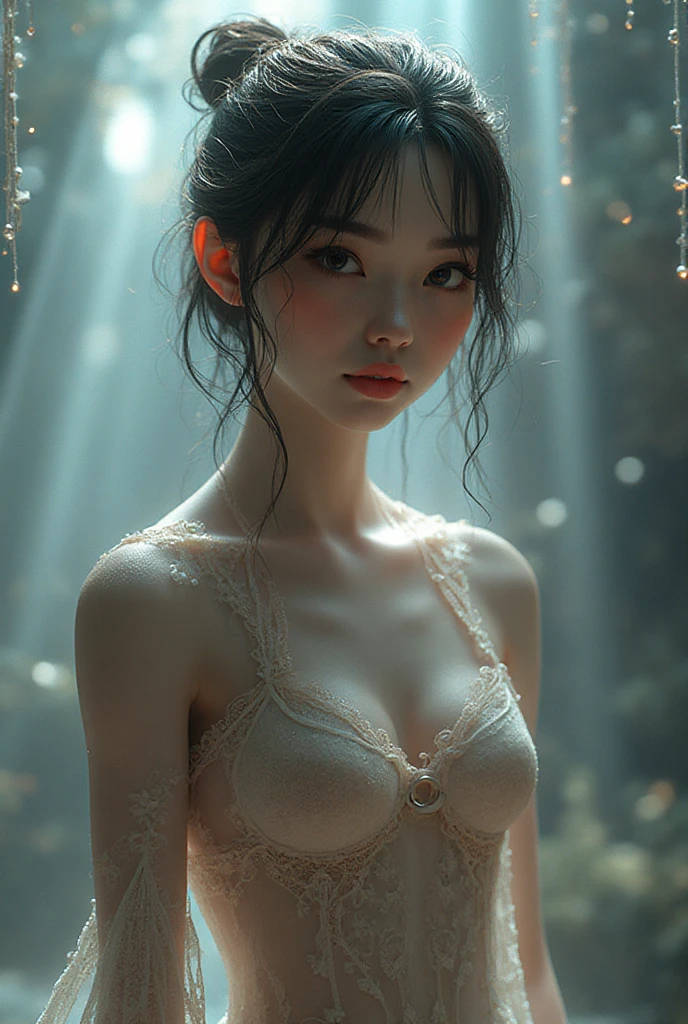 a beautiful young woman standing next to a building, wet t-shirt, style of guo hua, transparent body, beautiful female white, wearing a  cropped top, see, front on. See the  under the cloth

