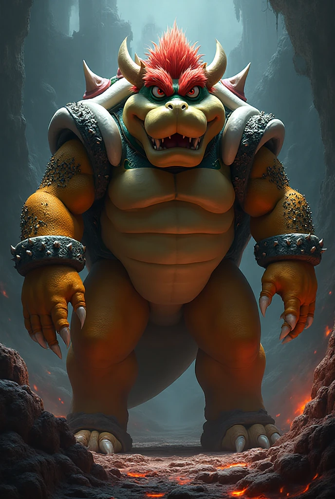 a huge muscular bowser, feral, spikes, knotted , massive , breathing fire, overbite, most muscular pose, pierced , gold nose ring, vascular, gigantic, hyper detailed, copious amounts of viscous fluids, hyper and big :1.3, amount of :1.4 , , , , up , hard , photorealistic, cinematic lighting, 8k, hyper detailed, macro, cinematic lighting, 8k, photorealistic, award winning digital art