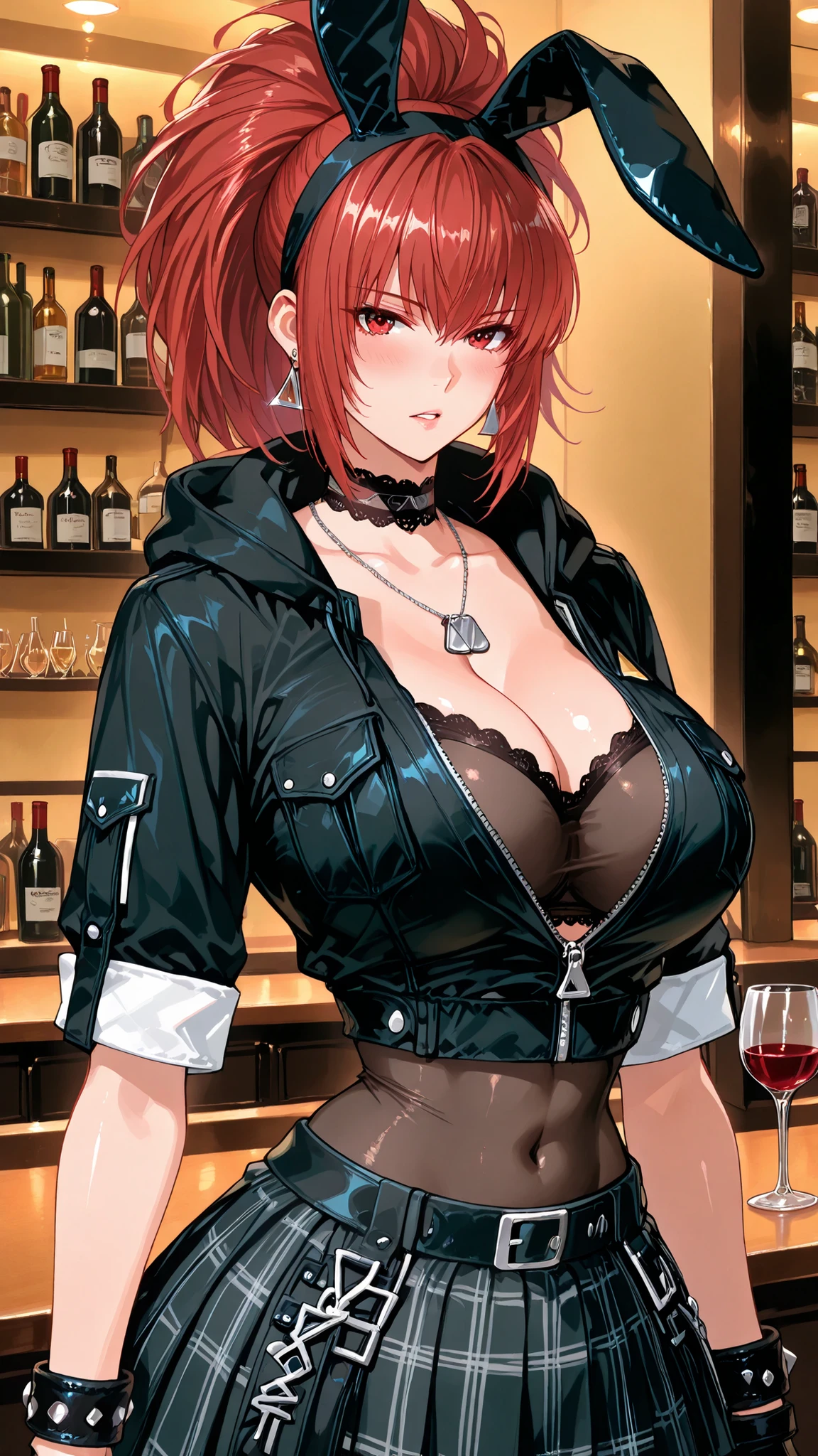 solo, leona heidern, triangle earrings, condog tags, red hair, red eyes , , mature woman, Tight waist、Small waist、shiny Skin , (upper body), score_9, score_8_up, score_7_up, source_anime,(extremely detailed CG), (best quality) , (adult woman, 25+), cleavage, covered navel, looking at viewer, blush, parted lips, bar background、wine glass, , droopy-eared parka jacket, oversized black hoodie with long floppy ears, soft lace trim and frilly edges, one ear decorated with a big satin ribbon and small metal studs, front zipper open,
unzipped to reveal a black tube bra top with lace and ribbon details,
short pleated skirt in black and pink plaid with layered frills and tiny bows,
punk-style accessories like safety pins and chain charms on the skirt,
fishnet stockings, heart-buckle short ankle boots with ribbon lacing and silver studs,
lace choker with small cross charm, ribbon accents on sleeves and waist,
fingerless gloves with lace cuffs and a studded bracelet, super :1.tra thin waist :1.5、