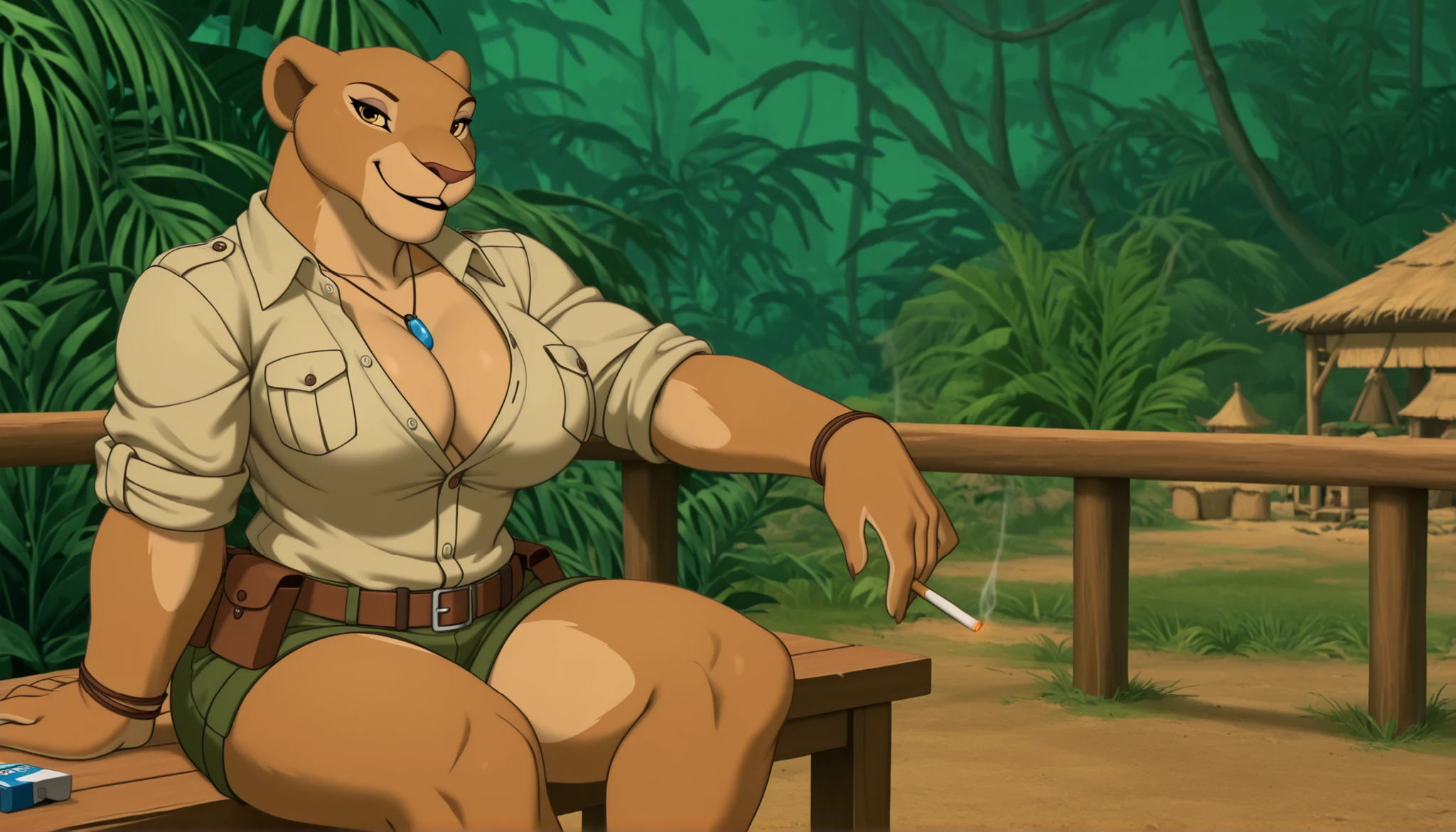 nala as anthropomorphic lioness princess resting on a terrace, Nala, yellow eyes, (makeup), ((anthro)), lioness, necklace, bracelets, (military uniform), adventurer, ((safari outfit)), (beige button down shirt), collarbone, ((cleavage)), ((unbuttoned shirt)), ((rolled up sleeves)), ((oversized shirt)), untucked shirt, (breast pockets), green shorts, utility belt, sassy, smile, parted lips, erect nipples, wide hips, (anime screencap:1.2), (1girl), ((masterpiece)), best quality, realistic, big breasts, round breasts, (bright colors), jungle, lush vegetation, trees, village, huts, terrace, table, sitting, relaxed pose, Nala_lion_king, ((muscular)), looking at viewer, smoking, cigarette, cigarette pack, lighter