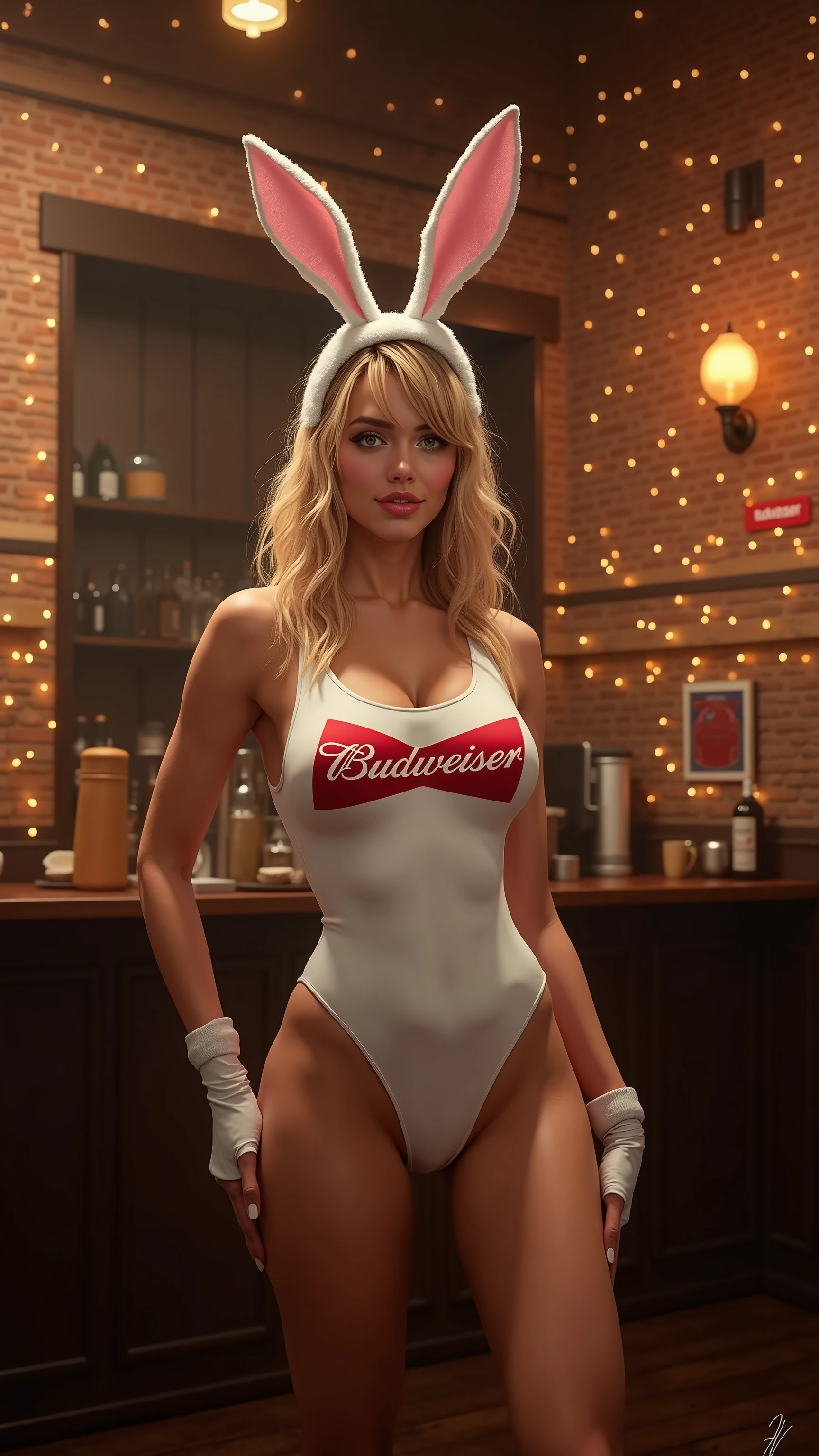 high-definition images、Bunny Girl in the Tavern、Bunny girl in white costume with Budweiser logo in red letters、Brick wall with sparkling lights、