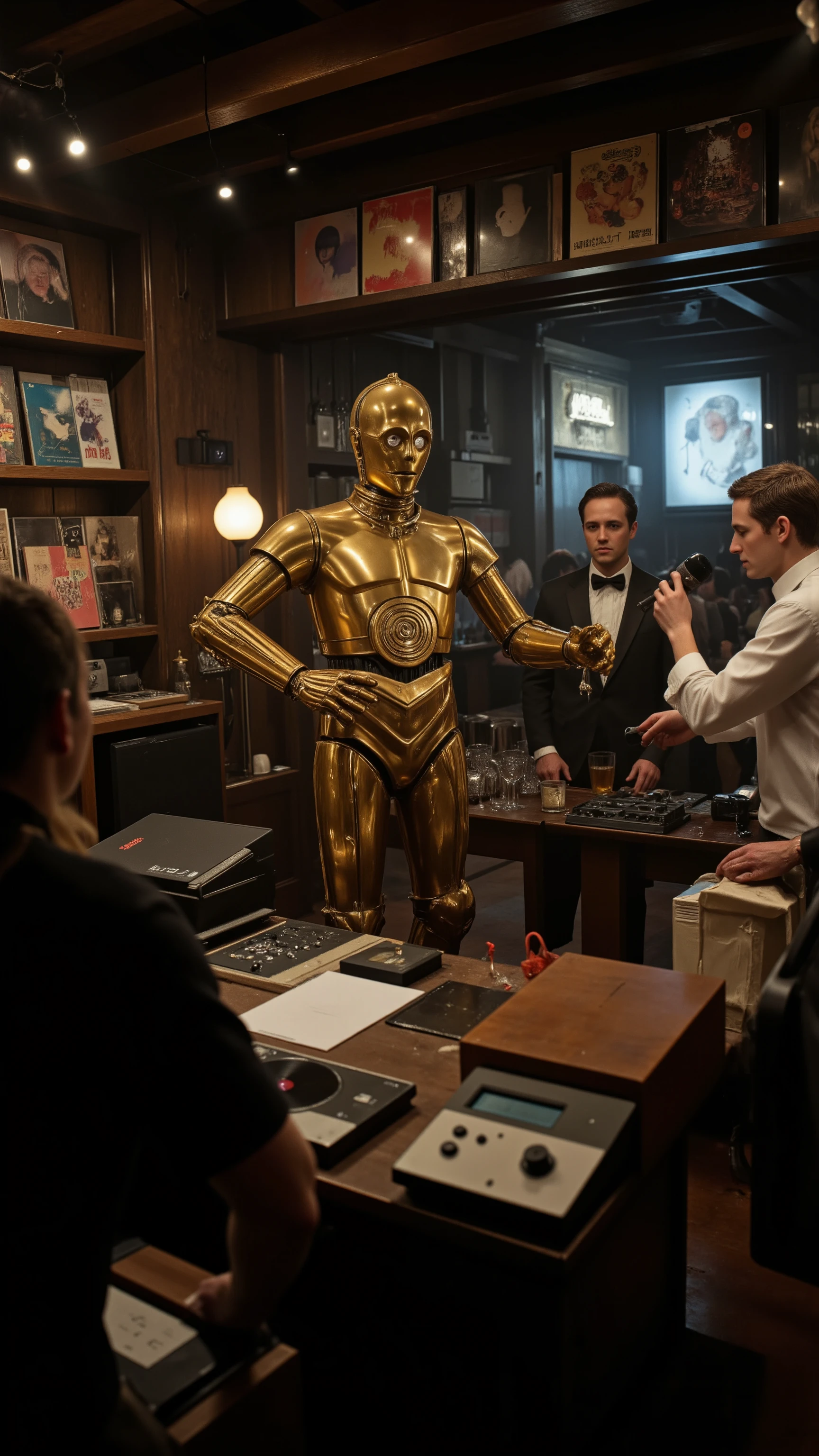 high-definition images、records in the basement of the D、C3PO manipulates 2 bar.J.is doing、building and talks to customers with a microphone