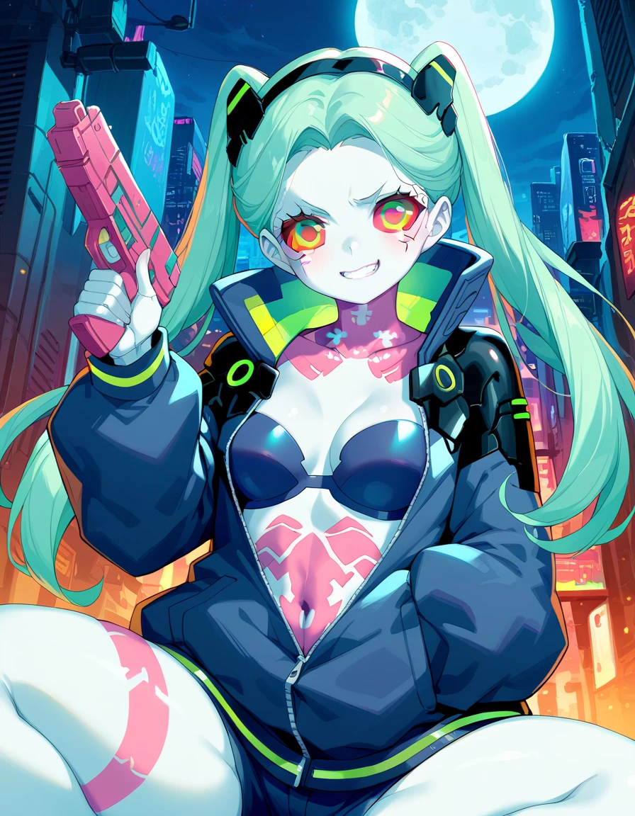 absurdres, highres, ultra detailed, <lora:RebeccaaaV1.1:0.8>, rebecca, petite, solo, green hair, red sclera, pink tattoo, purple lips, twintails, hairband, headgear, black jacket, , black bra, upper body, looking at viewer, smile, sitting, chair, outdoors, city, night
