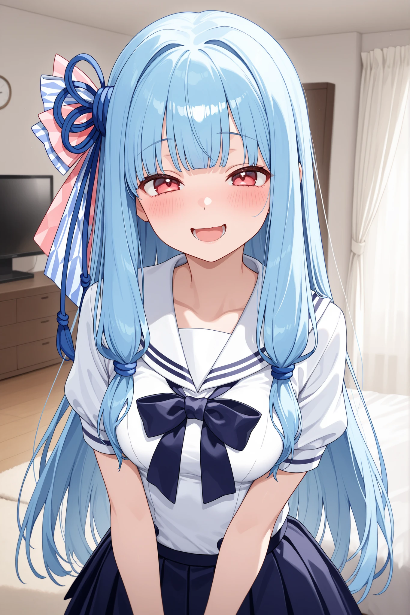 {{{masterpiece}}}, {{{best quality}}}, {{ultra-detailed}}, (detailed skin texture), 1girl, solo, Kotonoha Aoi (琴葉葵) ,hair ribbon, multicolored ribbon, medium breast , short sleeve white sailor suit, dark blue skirt, dark blue bow tie , looking at viewer,standing, straight posture, blush, cute smile, torogao, open mouth, large living room, bed, white curtains, (upper body), from the same level
