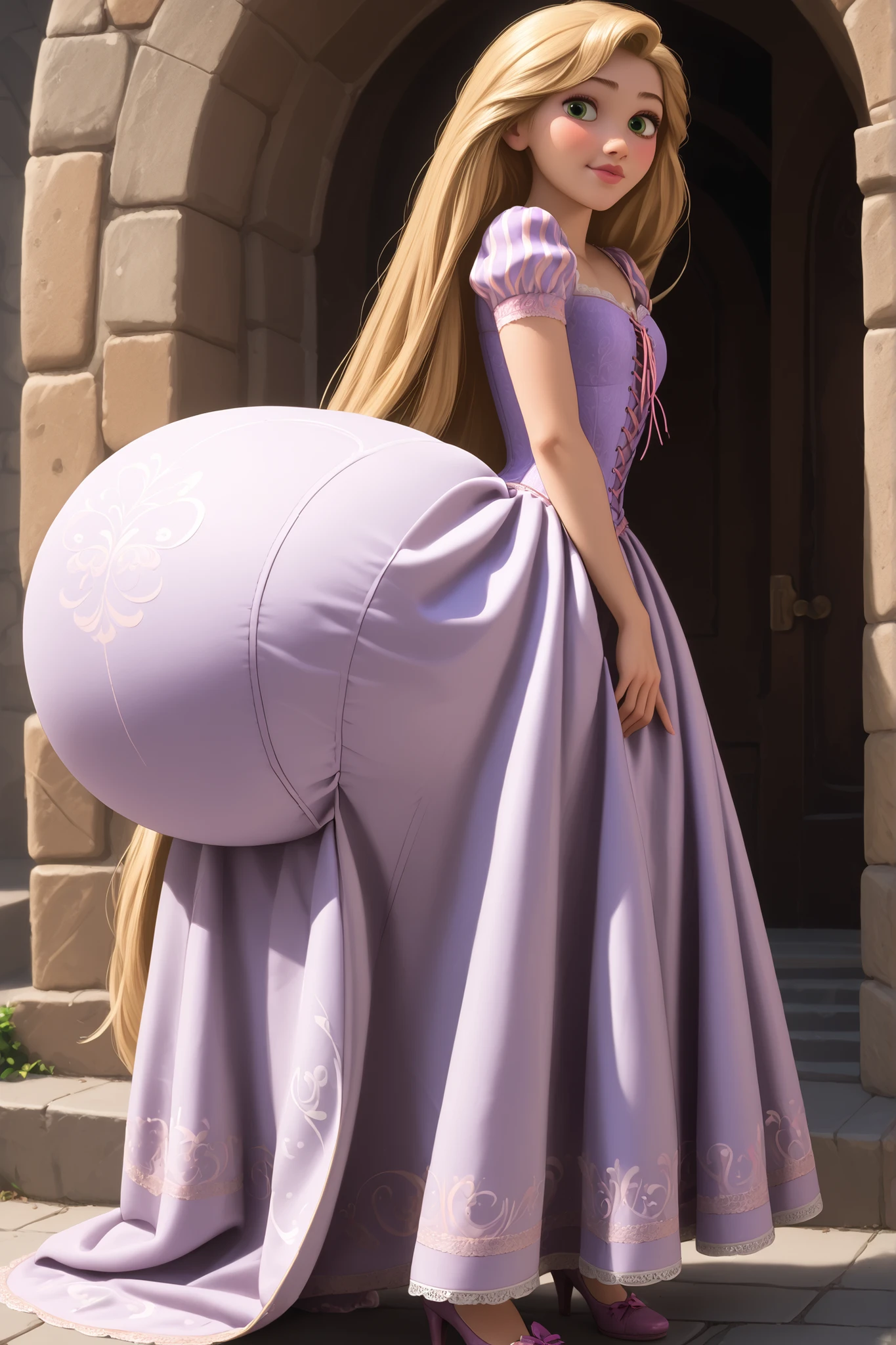 Rapunzel,Dress,purple dress, puffy sleeves, short sleeves, corset, narrow waist, wide hips,,,very long hair, blonde hair, green eyes,,,gigantic ass,rapunzel,Disney Princess Rapunzel, a beautiful young woman, she has extremely long golden hair, cascading down her back, her eyes are emerald green, full pink lips, rosy cheeks, a beautiful face, and a sculpted figure. Rapunzel’s gown features a soft lavender hue and is adorned with intricate, swirling patterns. The dress has a fitted bodice with short puffed sleeves, The bodice is cinched with a delicate lacing. The skirt is full and flowing. (giant breasts:1.3), (from side: 1.3), (Giant butt:1.4), (full body:1.2), (her dress fully covers her butt:1.3), outdoors