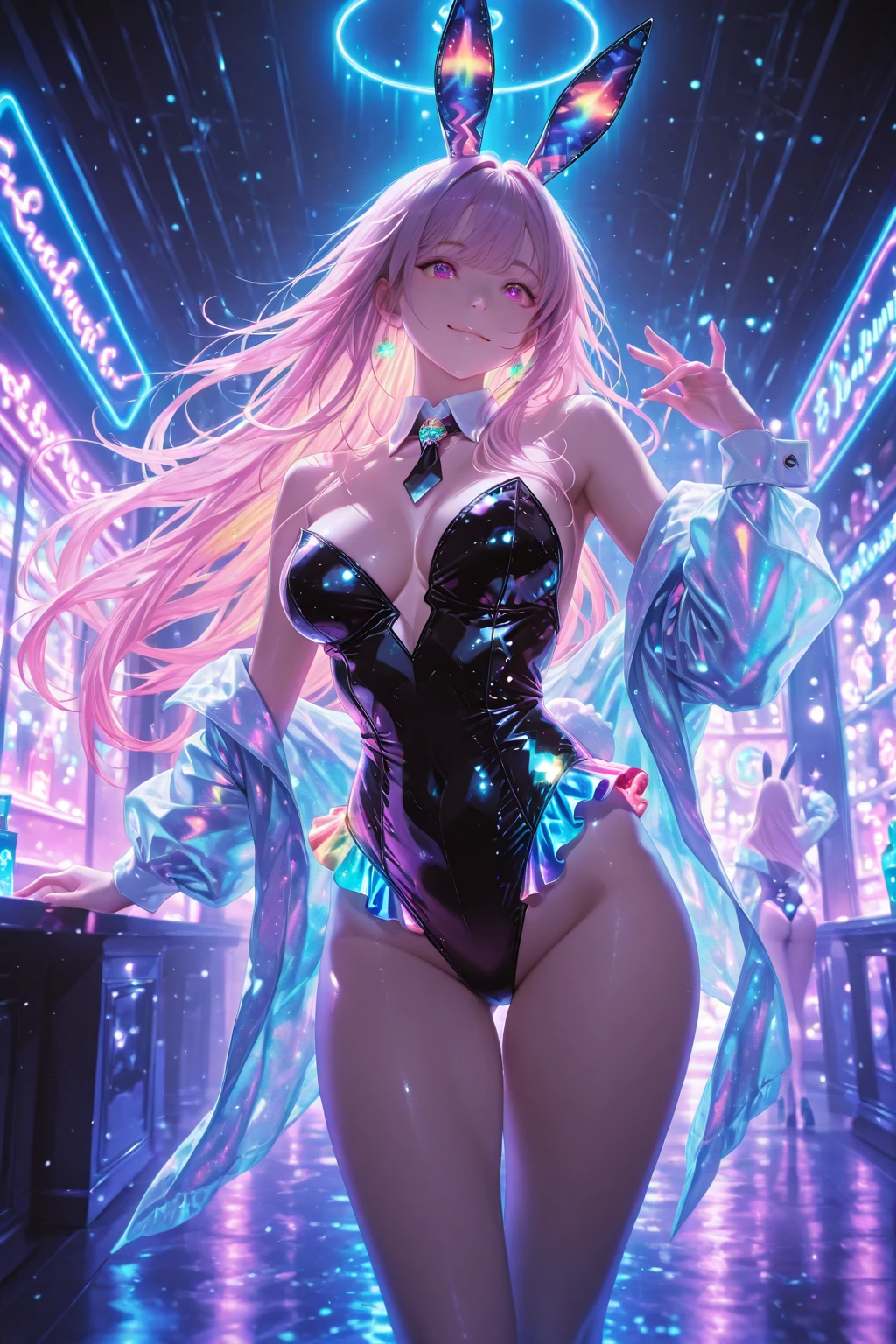 safe, masterpiece, very aesthetic, 1girl, solo, bunnysuit, fishnets, navel cutout, pole dancing, navel stud, navel piercing, nightclub, neon lights, spotlight
<lora:NavelStud-Piercing_NAIXL_v10:1>