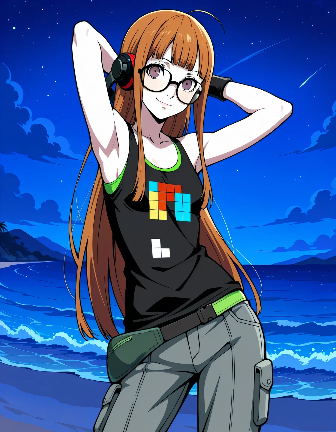 p5futaba, sakura futaba, long hair, glasses, blunt bangs, orange hair, ahoge,
p5futaba-summer, behind-the-head headphones, black tank top, bare shoulders, cargo pants, tetris, grey pants, fanny pack, wristband,  shiny skin, high quality, solo, night sky, beach, (arms behind head), ((contrapposto)), closed mouth, cowboy shot, looking at viewer, smile, best quality