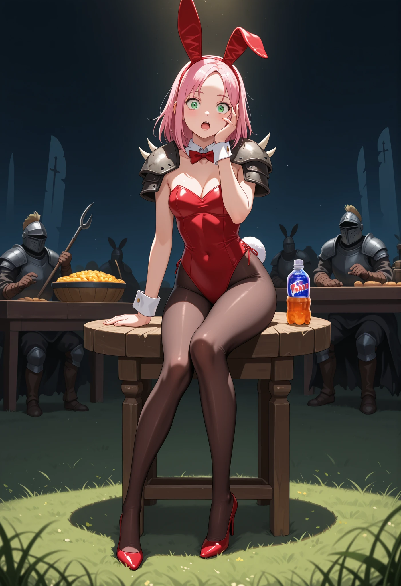 Sakura Haruno. small breasts, huge hips, pink hair, medium hair, light green eyes, thin lips, very fair skin, big forehead.| (medieval fantasy tavern:1.2), (zPDXL2, zPDXLxxx, score_9, score_8_up, score_7_up:1.2), rating_questionable, nsfw pin up art by Michael Whelan, from the front, active pose with arm out, clothed, medieval fantasy, knight commander woman, armored woman, standing in grass field, pauldrons, gauntlets, tavern in background, strong lighting, comic style, sitting, food, fanta, masterpiece, best quality, newest, absurdres, highres, detailed eyes, beautiful, detailed background, perfect eyes, anime coloring, retro artstyle, 1990s \(style\), playboy bunny, bunny ears hairband, leotard, collarbone, cleavage, bowtie, wrist cuffs, pantyhose, high heels, bunny tail, looking at viewer, simple background, hand on own face, outstreched leg, floating, wide-eyed, open mouth, solo,1girl,dj, headphones, mori_calliope, neon,