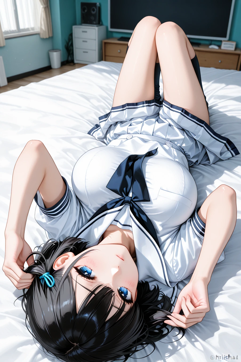 1 woman, HD quality, (solo:1.9), (??????:1.7), (??????:1.7), (drooling:1.3), clenched teeth, steam, (sheer white long thigh-high socks:1.5), (sheer white satin long gloves:1.3), (glowing eyes), best ratio four finger and one thumb,  (?????????:1.7), (?????????????), cleavage, (sitting on a bed with one knee up:1.6), (Green eyes:1.3), (Crop Top white shirt:2.0), (Micro ?????:1.5), (under boob:1.7),  (Sailor uniform only for the upper body:1.5), (white short shirt), blue sailor collar, (Navel), (black high-heeled shoes:1.5), (red ribbon tie:1.1), side ponytail 