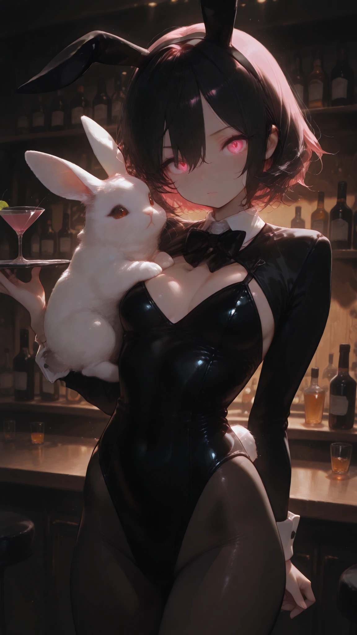 High Quality, Masterpiece, Super Detailed, a petite 135-centimeter tall bunny girl carrying a cocktail with a confident expression, her small body dressed in a black bunny suit maintains perfect proportions、The fluffy white rabbit tail on her back and the big bunny ears on her head highlight her loveliness, Her facial features are the contrasting appeal of working in a bar while retaining her childhood、rabbit pattern pantyhose、Mr.々pose、eyes glow pink