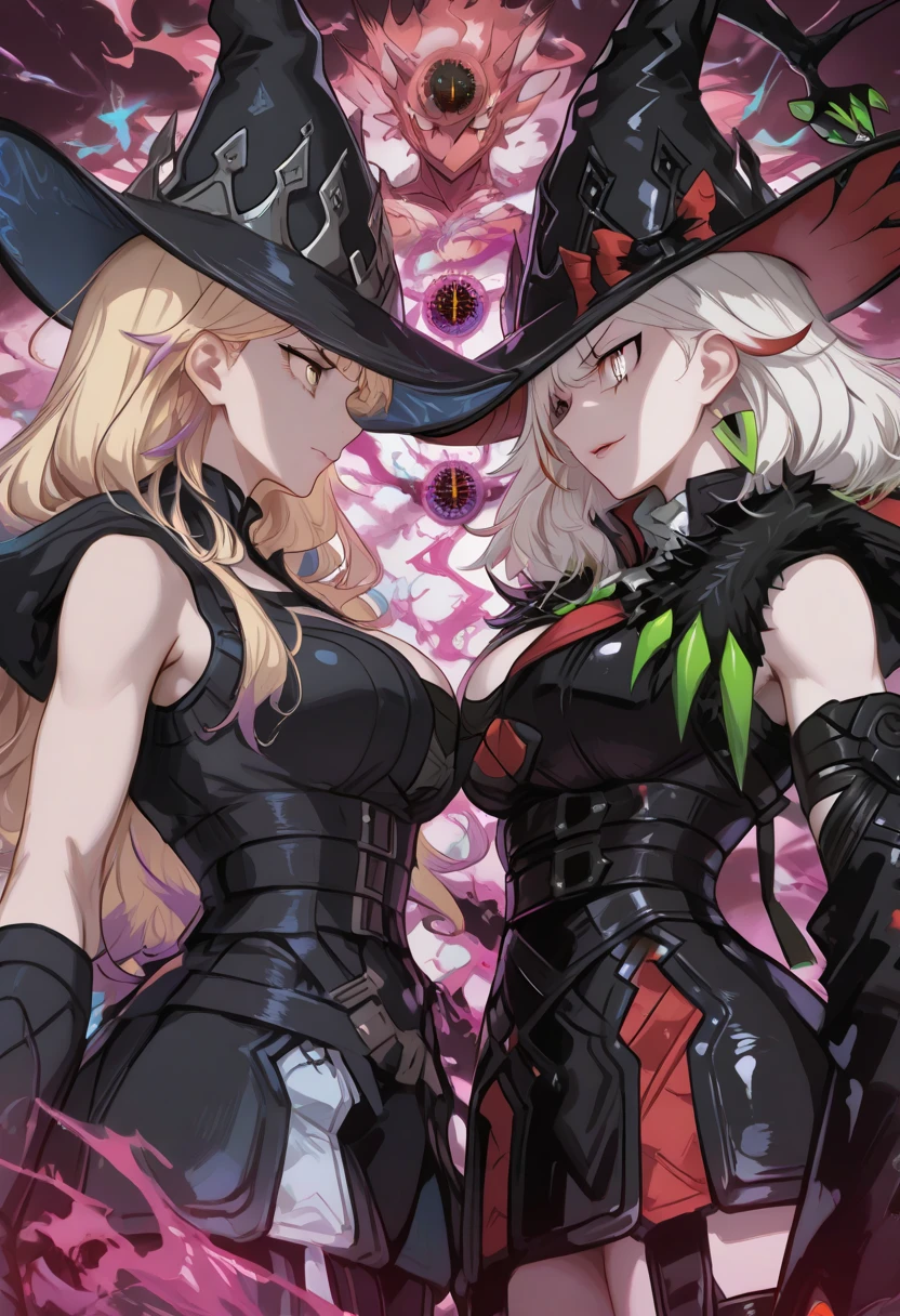 diabellze the original sinkeeper,diabellstar the black witch,2girls,cleavage,large breasts,from above,princess carry,smile,looking at another,hand on another's chin,yuri,hood up,parted lips,closed mouth,white bodysuit,white witch hat,white thigh boots,white coat,single purple elbow glove,very long fingernails,heterochromia,red mask,red pantyhose,single black glove,single black detached sleeve,black hood,black dress,green earrings,single black wing,green glowing eye,forest,
masterpiece,best quality,amazing quality,very aesthetic,absurdres,newest,<lora:diabellstar the black witch and original sinkeeper illuXL v1.2:0.8>,