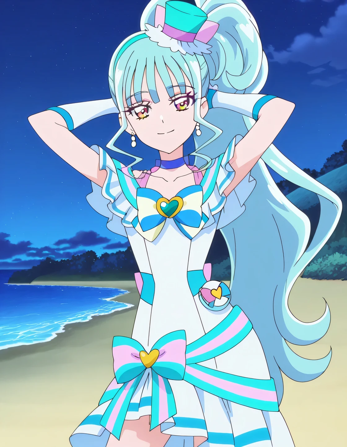 Cure Lillian, light blue hair, very_long_ponytail, wavy hair, purple_eyes, multicolored eyes, small_breasts, earrings, mini hat, hair_ornaments, bangs, light blue precure costumes, anime screencap, high quality, solo, night sky, beach, arms behind head, ((contrapposto)), closed mouth, cowboy shot, looking at viewer, smile, best quality