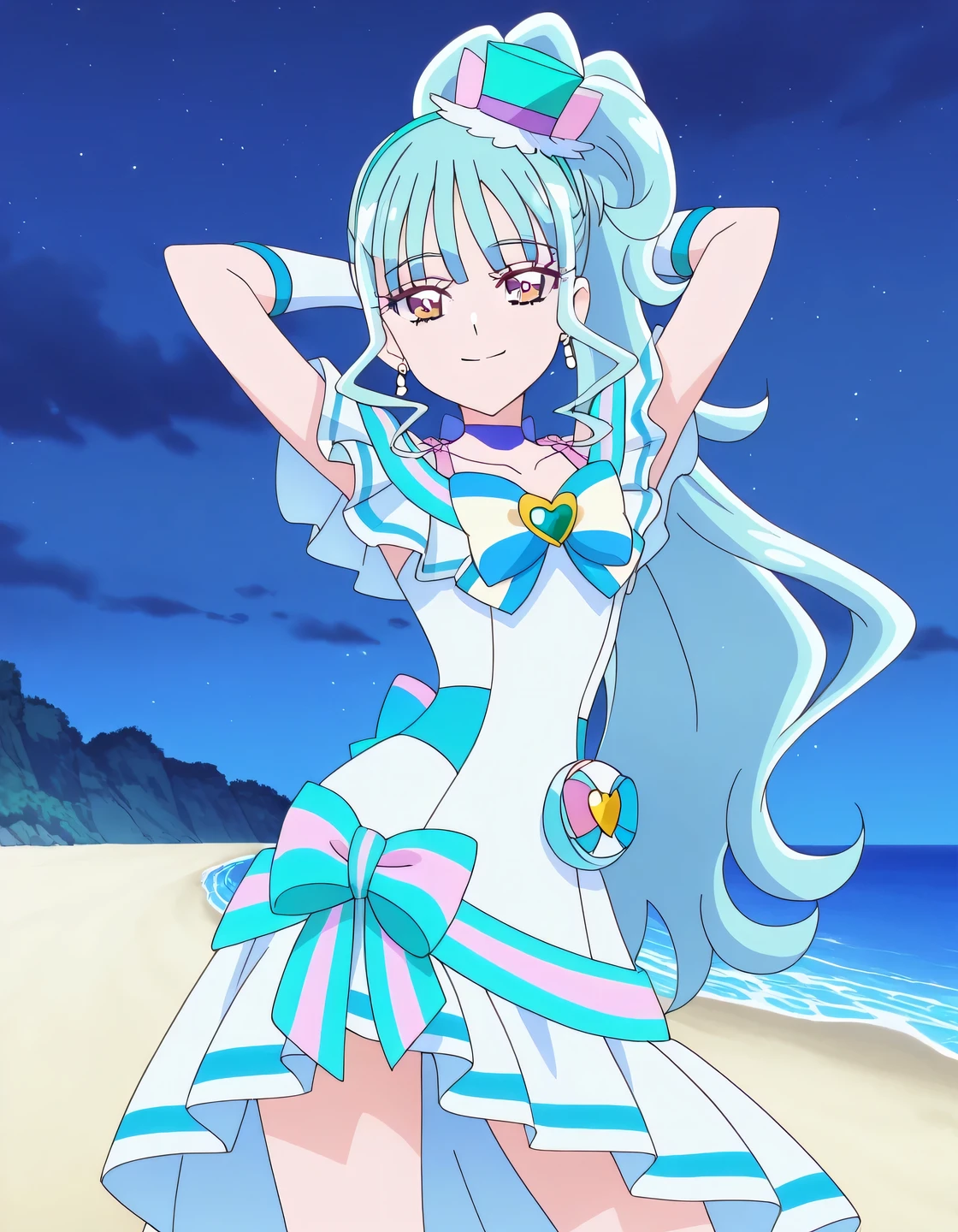 Cure Lillian, light blue hair, very_long_ponytail, wavy hair, purple_eyes, multicolored eyes, small_breasts, earrings, mini hat, hair_ornaments, bangs, light blue precure costumes, anime screencap, high quality, solo, night sky, beach, arms behind head, ((contrapposto)), closed mouth, cowboy shot, looking at viewer, smile, best quality