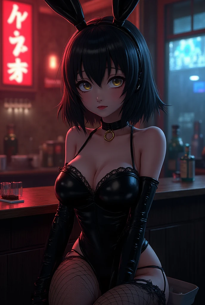 a 20 yo woman、A dark-haired、(hi-top fade:1.3)、dark themed、Muted Tones、Subdued Color、highly contrast、(natural skin textures、Hyper-Realism、Soft light、sharp)、(masutepiece:1.2, Best Quality), (real picture, Intricate details), (1lady, Solo, Upper body, Big ????)
Clothes: Edgy, Avant-garde, experimental
appearance: Shaved head or bold hair color, Dramatic makeup, Unconventional fashion choices
behavior: defiance, non-conformist, place of provocation:  art district, Underground Music Scene
hobby: attending punk shows, creating mixed media art, Try different subcultures
values: individuality, authenticity, Creative Expression Inspiration: Punk rock music, Counterculture icons, Characters of the avant-garde movement: Bold, boldness, Unconventional.，Street fashion，leggins，Full body, (a bar counter、shop front:1.4)、deep-shadows、Beautiful face with detailed face and eyes、blurry backround、20-year-old beauty、shinny skin, Beautiful wavy golden hair、 poneyTail、Beautiful face with blue eyes、blurry backround、 Bunny Girl、High-cut leotards、a bow tie、White cuffs、Thighs wrapped in fishnet stockings Rabbit ears are missing、Have a tray of liquor、crouching down、An embarrassed smile with an open mouth、Curve、