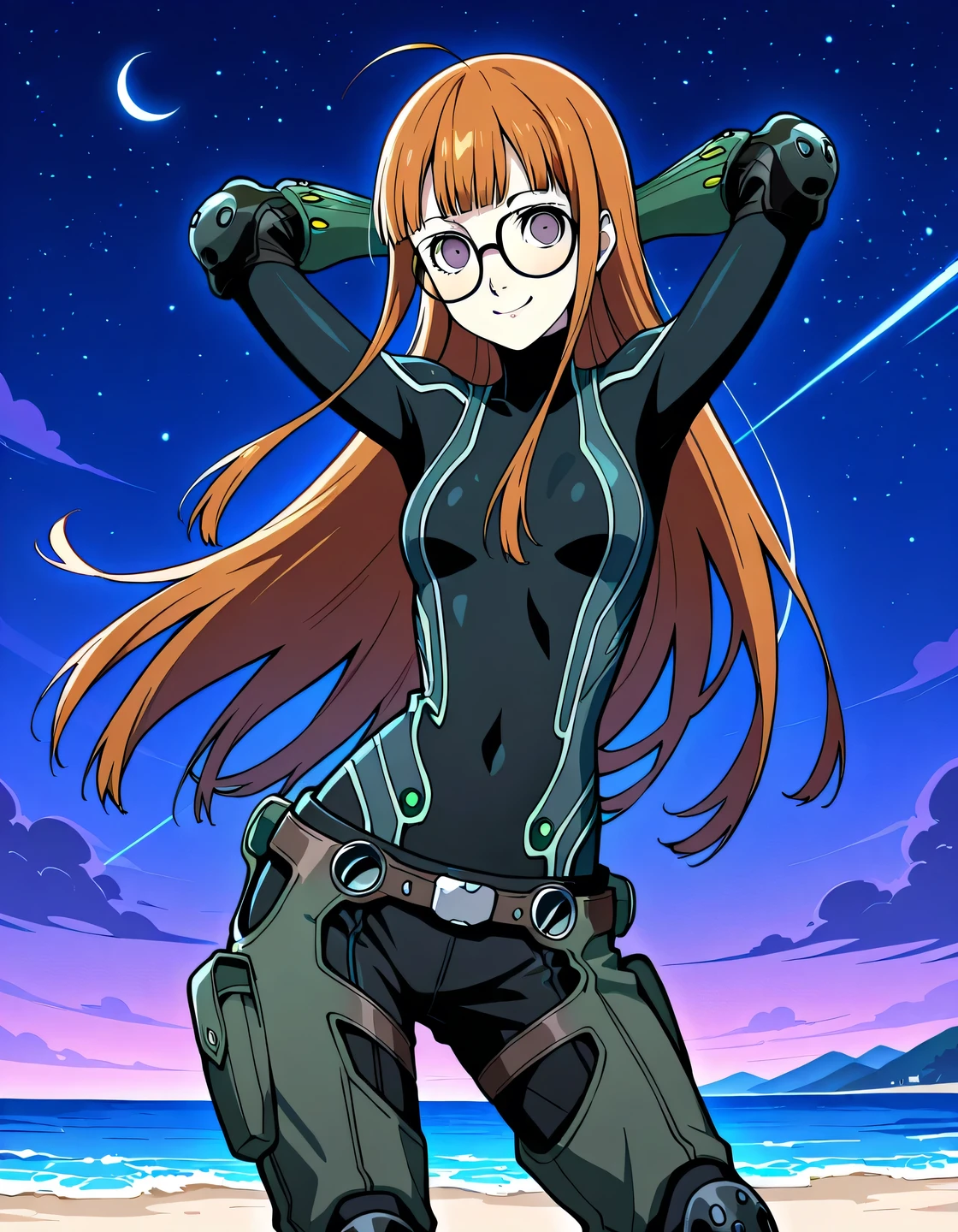 p5futaba, sakura futaba, long hair, blunt bangs, orange hair, ahoge,
p5futaba-oracle, black bodysuit, gloves, green gloves, belt, knee pads, shiny skin, high quality, solo, night sky, beach, (hands behind head), ((contrapposto)), closed mouth, cowboy shot, looking at viewer, smile, best quality