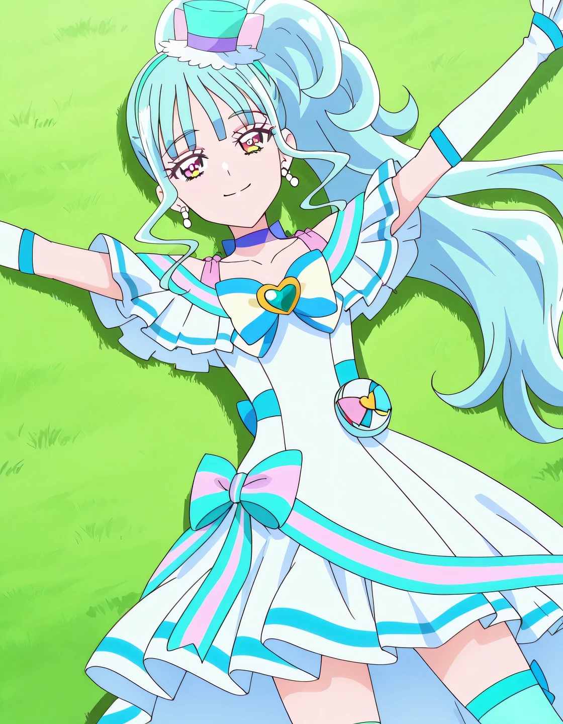 Cure Lillian, light blue hair, very_long_ponytail, wavy hair, purple_eyes, multicolored eyes, small_breasts, earrings, mini hat, hair_ornaments, bangs, light blue precure costumes, anime screencap, high quality, solo, lying, on back, arms up, legs apart, closed mouth, on grass, cowboy shot, smile, looking at viewer, best quality