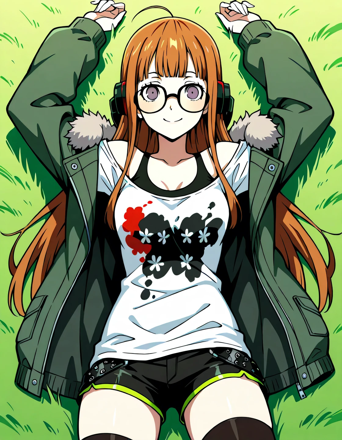 p5futaba, sakura futaba, long hair, glasses, blunt bangs, orange hair, ahoge
p5-futaba-winter, behind-the-head headphones, fur-trimmed jacket, green jacket, shirt, white tank top, off shoulder, bare shoulders, black shorts, black thighhighs,  shiny skin, high quality, solo, lying, on back, arms up, legs apart, closed mouth, on grass, cowboy shot, smile, looking at viewer, best quality