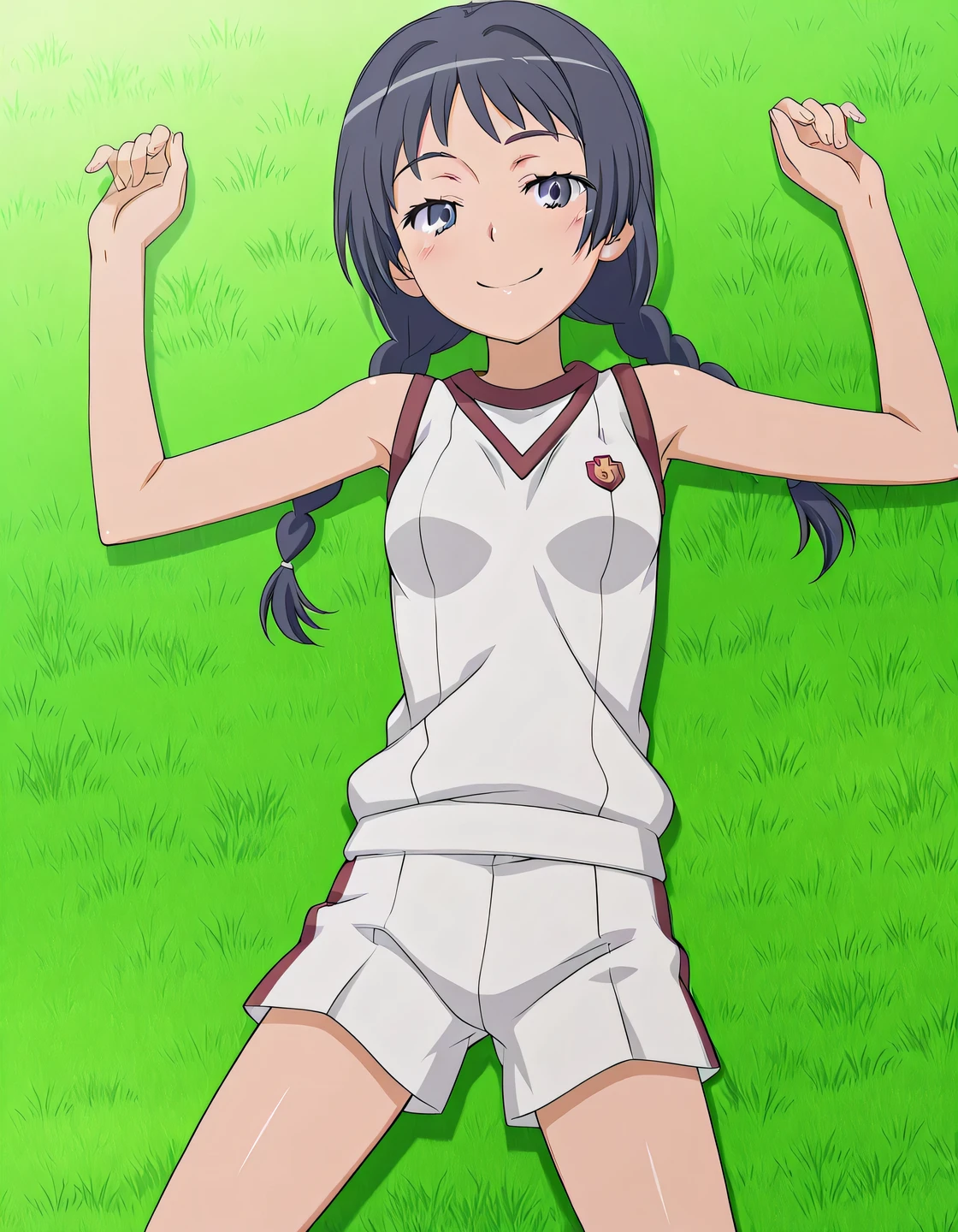 maaya awatsuki \(railgun\), Toaru Kagaku no Railgun & Index anime style, dark blue hair, long hair, braid, twin braids, blue eyes, tokiwadai gym uniform, gym uniform, bare shoulders, sleeveless shirt, white shirt, white shorts, small breasts, anime screencap, high quality, closed mouth, solo, cowboy shot, medium shot, lying, on back, grass, arms up, legs apart, looking at viewer, smile, best quality