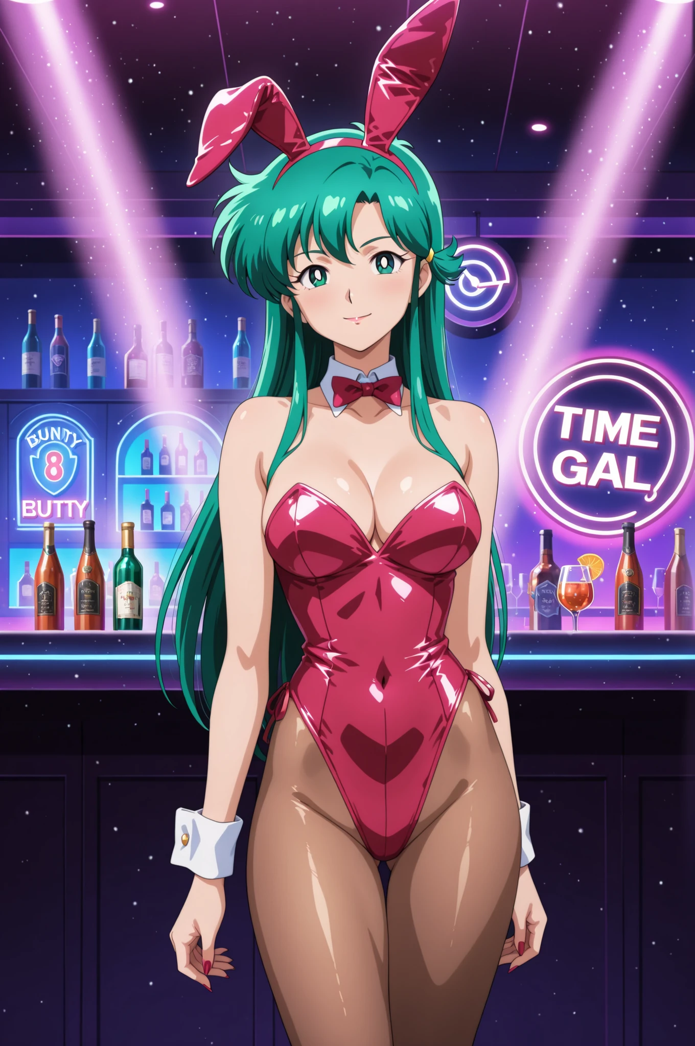 1girl, Time Gal with long green hair, dressed as a Playboy , in a busy nightclub, in full view, in a highly detailed anime style
