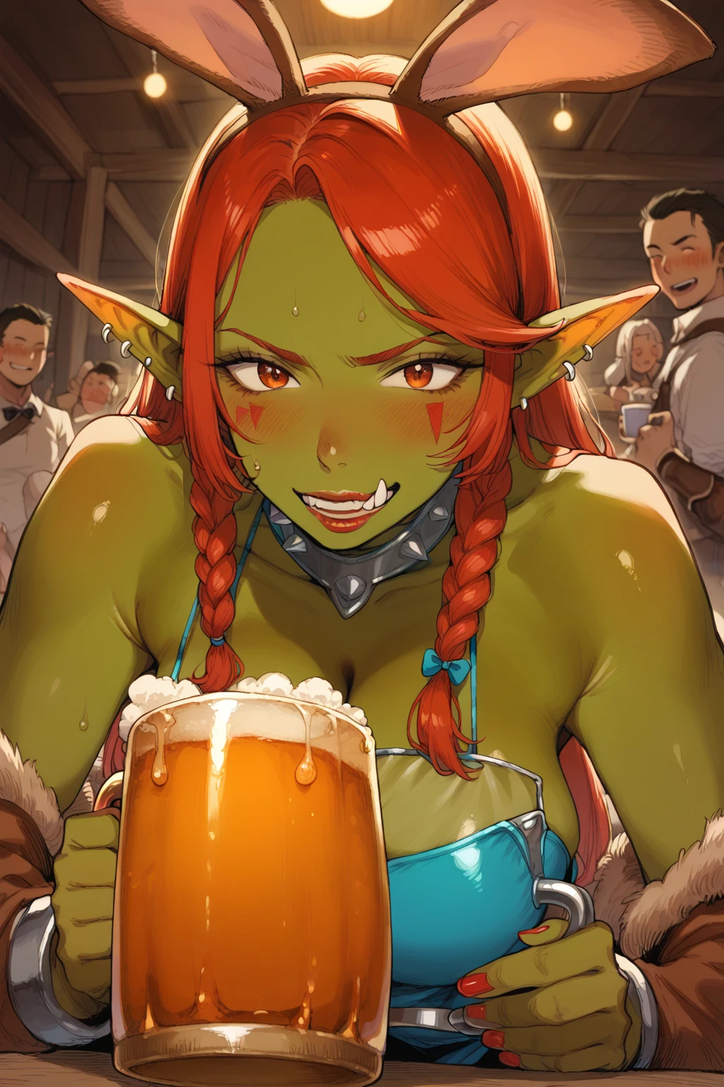 score_9, score_8_up, score_7_up, 1girl, solo, raidzargala, colored skin, green skin, black eyes, pointy ears, orc, armor, pauldrons, navel, scar, tattoo, earrings, tavern, table, sitting, eating, meat, happy, tankard, beer,

