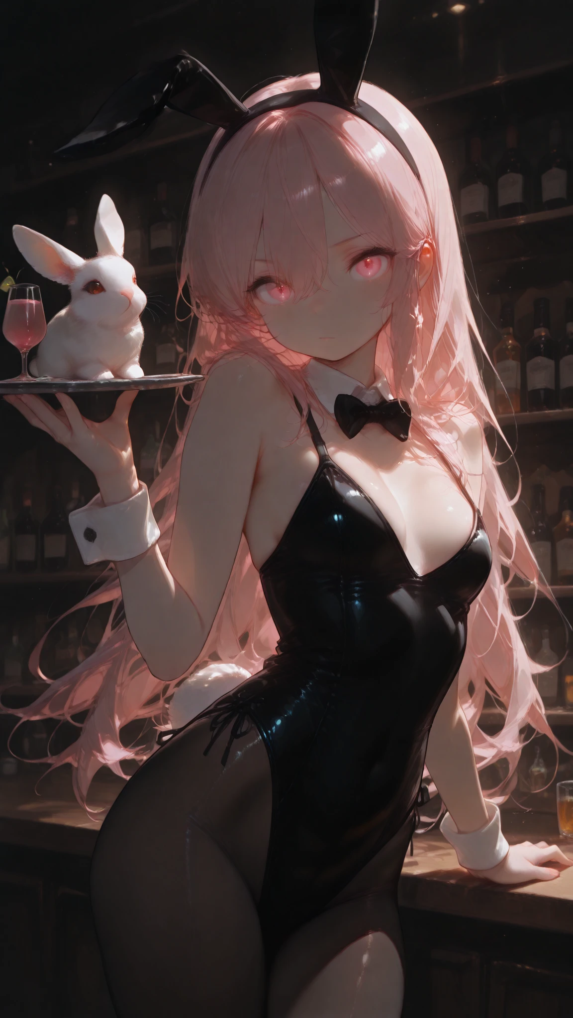 High Quality, Masterpiece, Super Detailed, a petite 135-centimeter tall bunny girl carrying a cocktail with a confident expression, her small body dressed in a black bunny suit maintains perfect proportions、The fluffy white rabbit tail on her back and the big bunny ears on her head highlight her loveliness, Her facial features are the contrasting appeal of working in a bar while retaining her childhood、rabbit pattern pantyhose、Mr.々pose、eyes glow pink