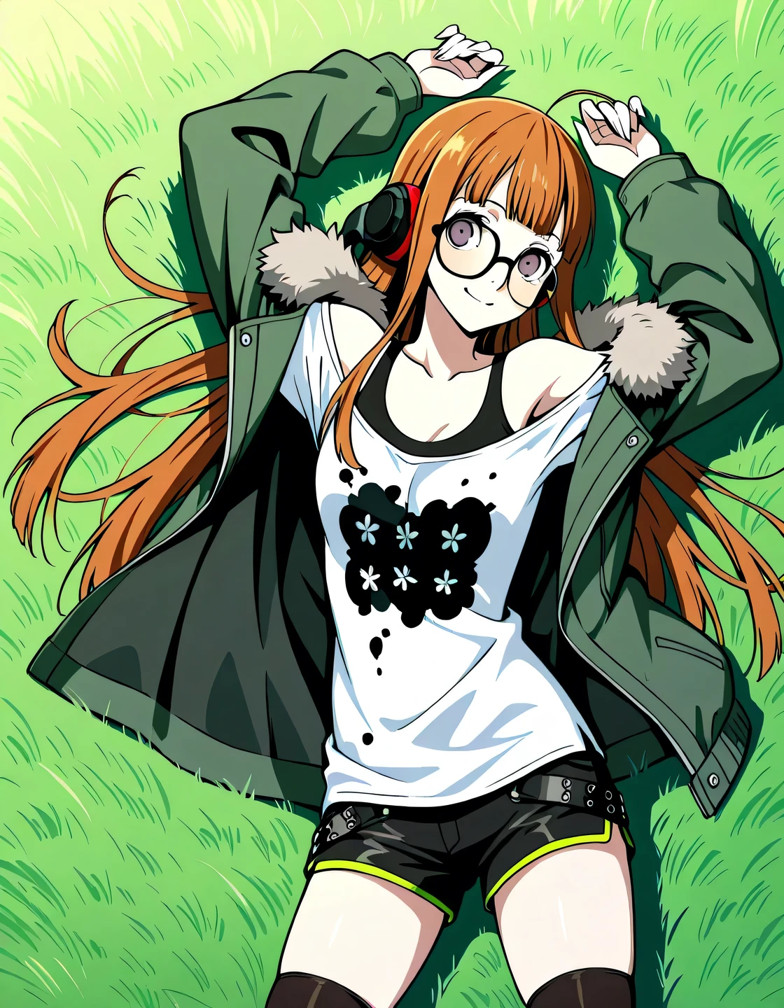 p5futaba, sakura futaba, long hair, glasses, blunt bangs, orange hair, ahoge
p5-futaba-winter, behind-the-head headphones, fur-trimmed jacket, green jacket, shirt, white tank top, off shoulder, bare shoulders, black shorts, black thighhighs, shiny skin, high quality, solo, lying, on back, arms up, legs apart, closed mouth, on grass, cowboy shot, smile, looking at viewer, best quality