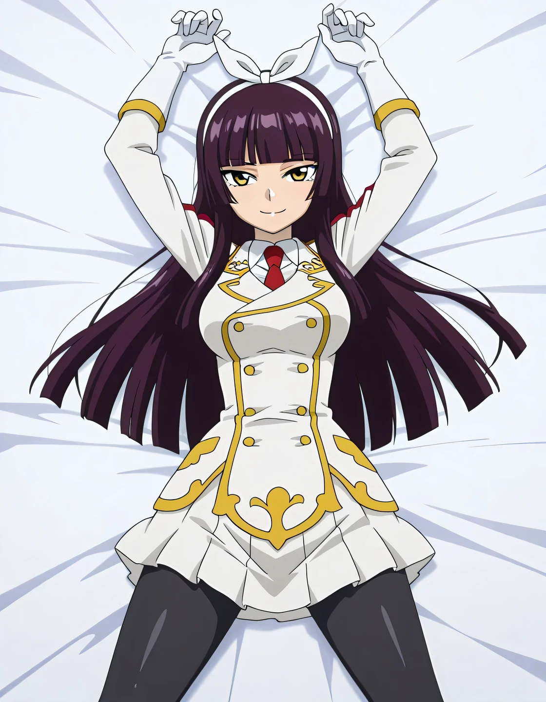 kaguramikazuchi, 1girl, long hair, hime cut, purple hair, yellow eyes, , pantyhose, gloves, skirt, uniform, necktie, knee boots, white gloves, hairband, black pantyhose, military uniform, anime screencap, shiny skin, solo, lying, on back, arms up, , closed mouth, on bed, from above, cowboy shot, looking at viewer, smile, high quality,